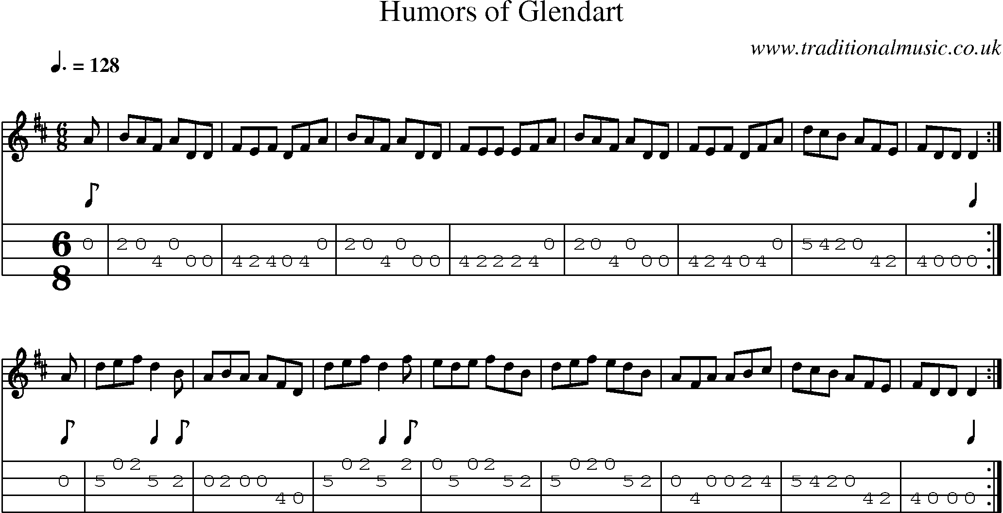 Music Score and Mandolin Tabs for Humors Of Glendart