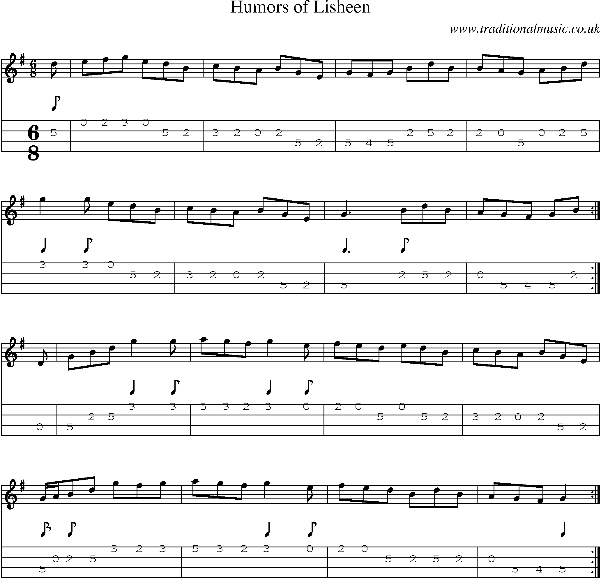 Music Score and Mandolin Tabs for Humors Of Lisheen