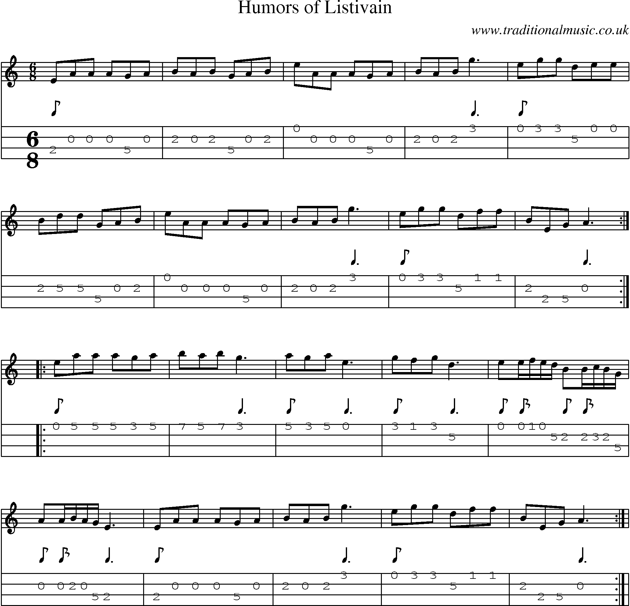 Music Score and Mandolin Tabs for Humors Of Listivain
