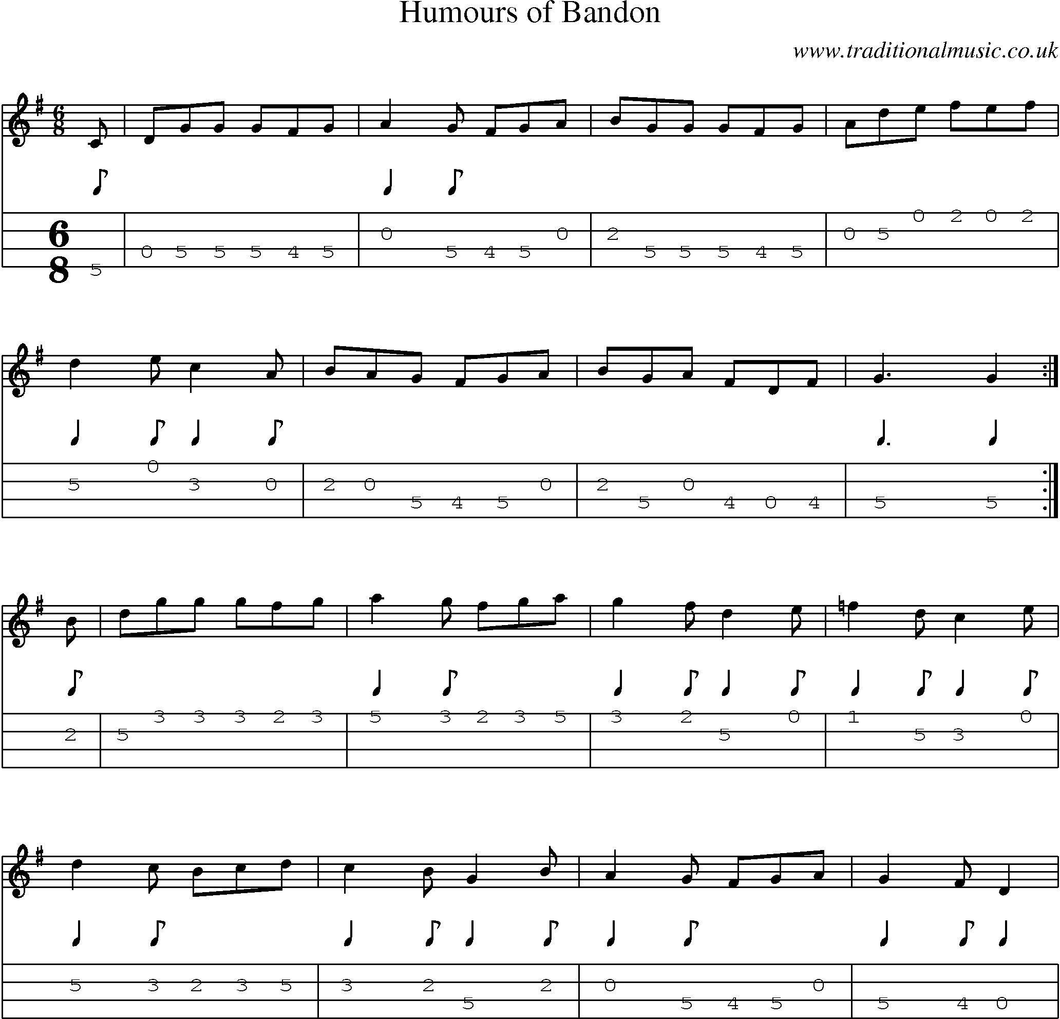 Music Score and Mandolin Tabs for Humours Of Bandon