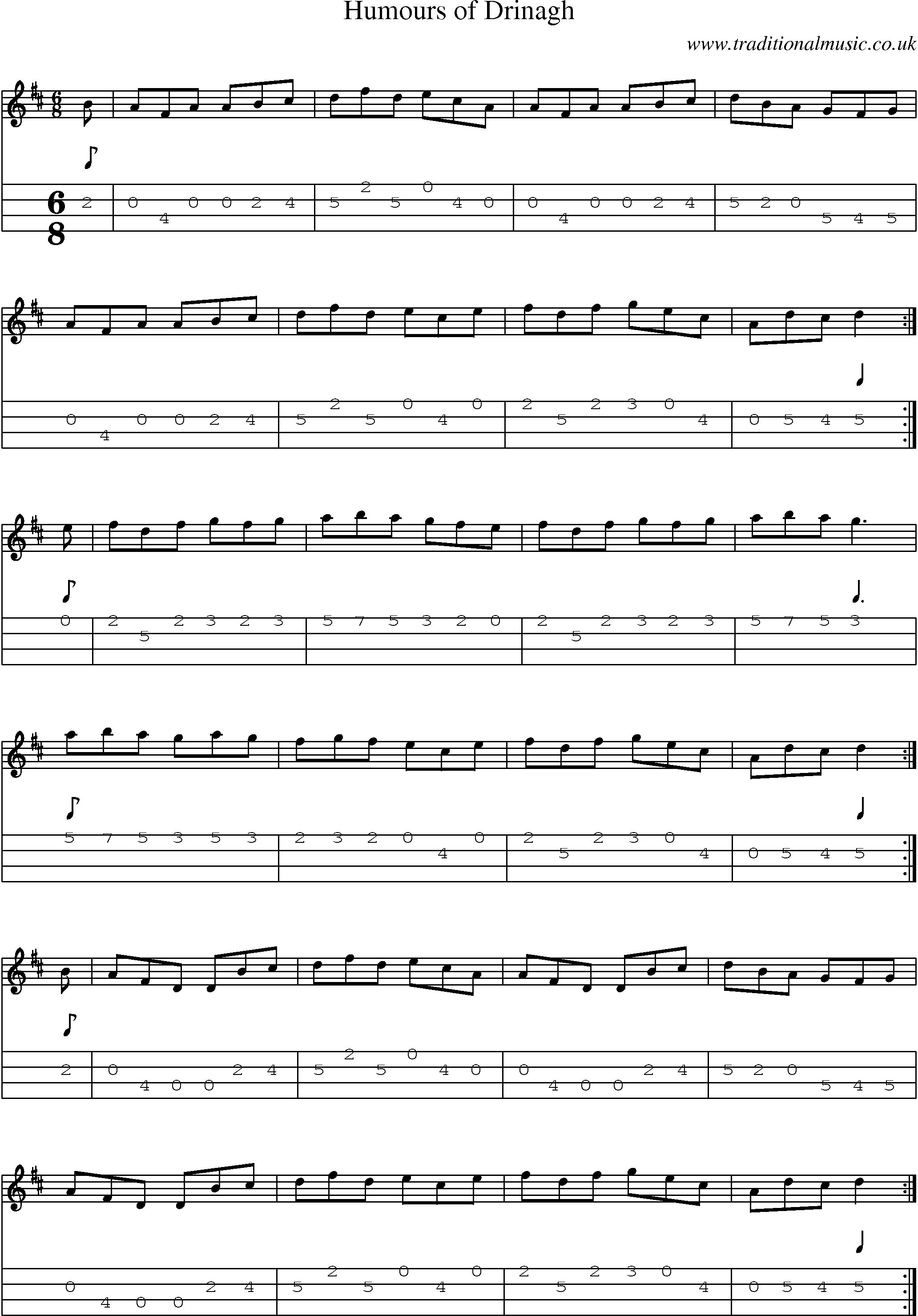 Music Score and Mandolin Tabs for Humours Of Drinagh