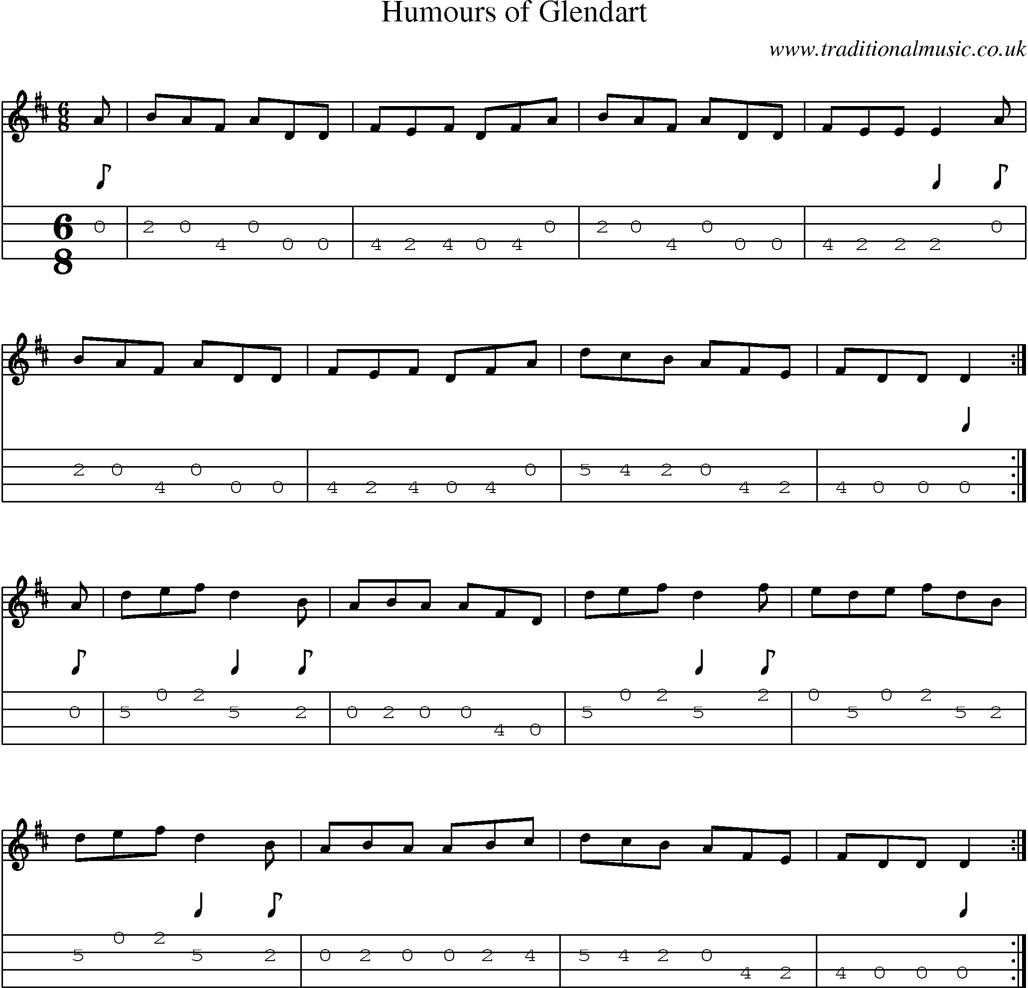 Music Score and Mandolin Tabs for Humours Of Glendart