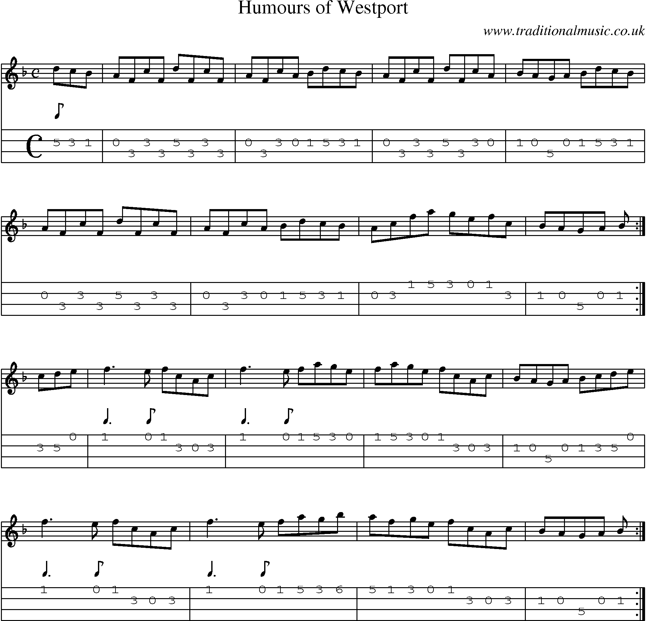 Music Score and Mandolin Tabs for Humours Of Westport