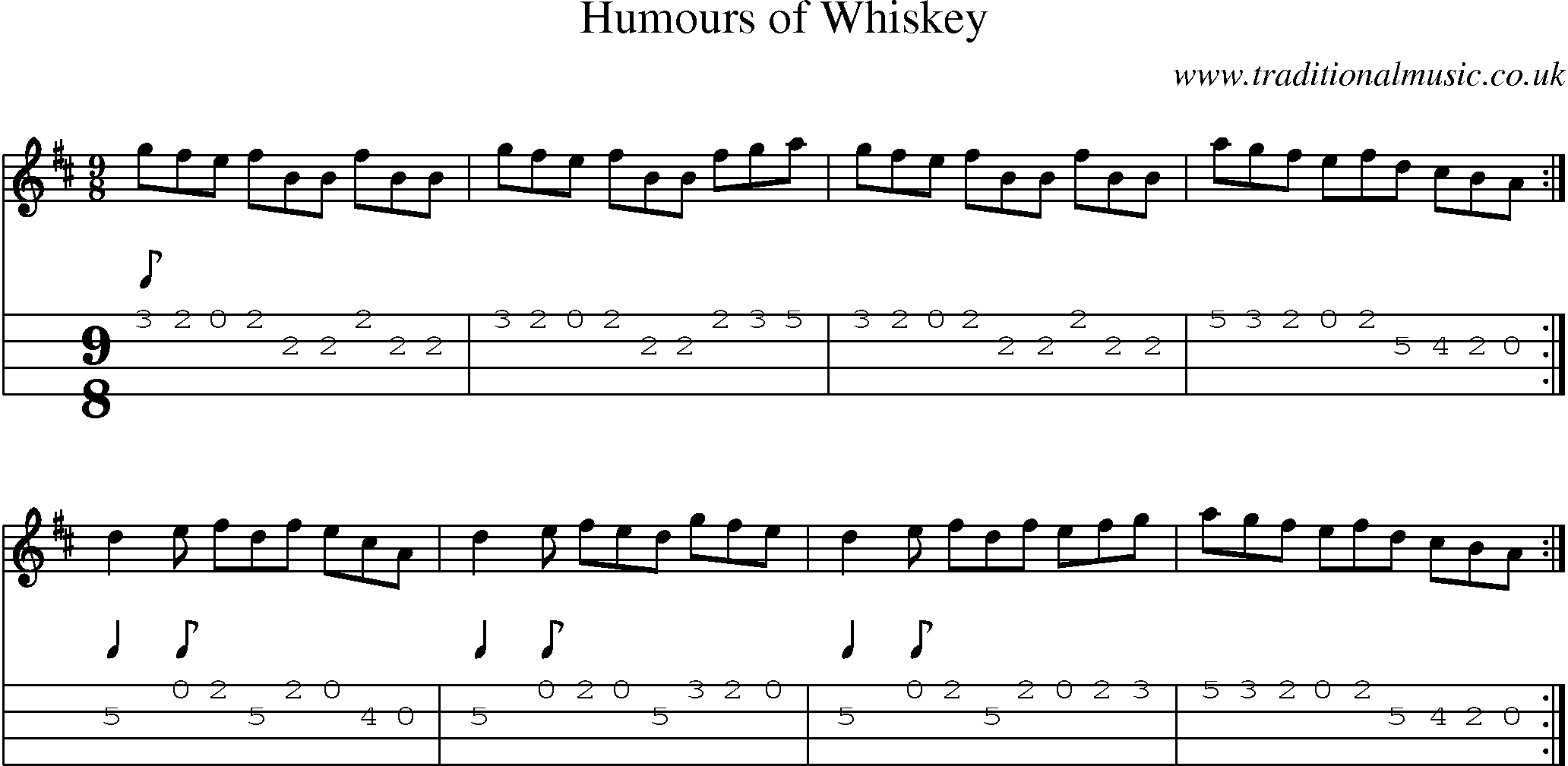 Music Score and Mandolin Tabs for Humours Of Whiskey