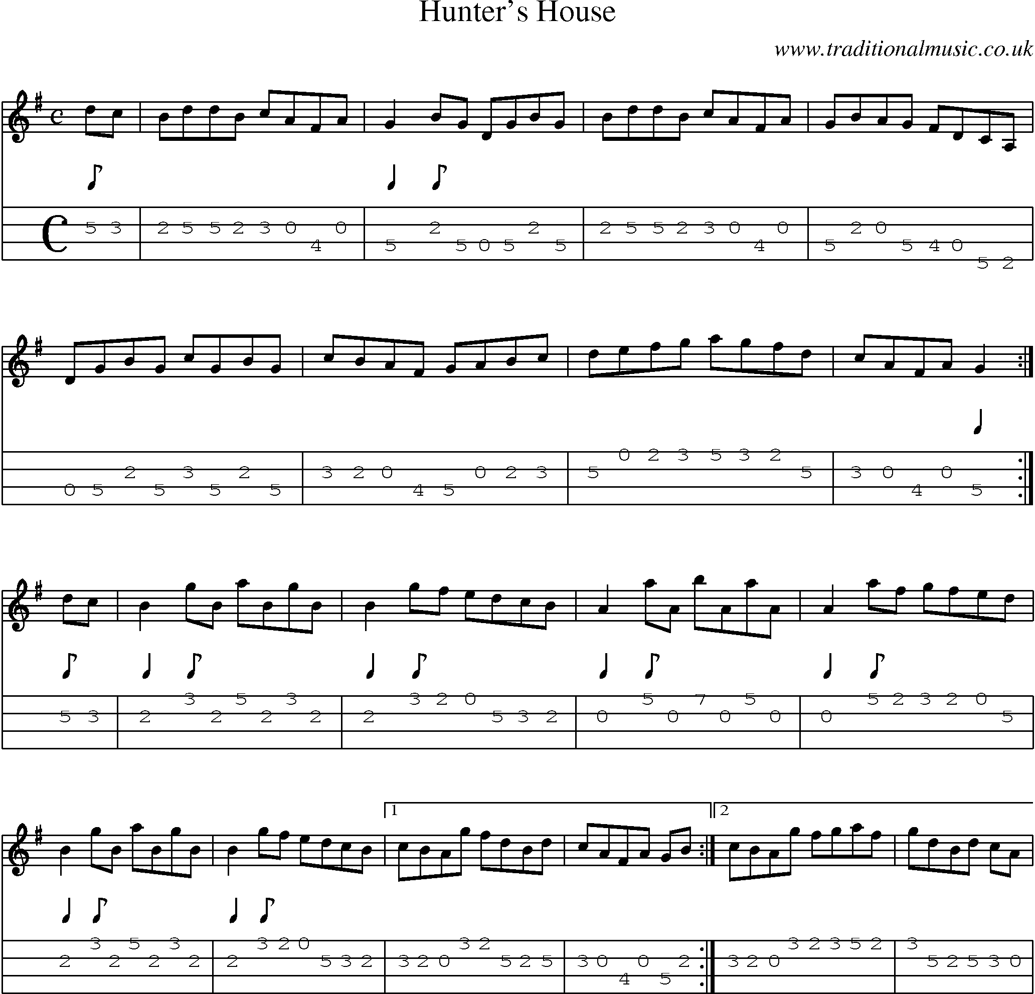 Music Score and Mandolin Tabs for Hunters House