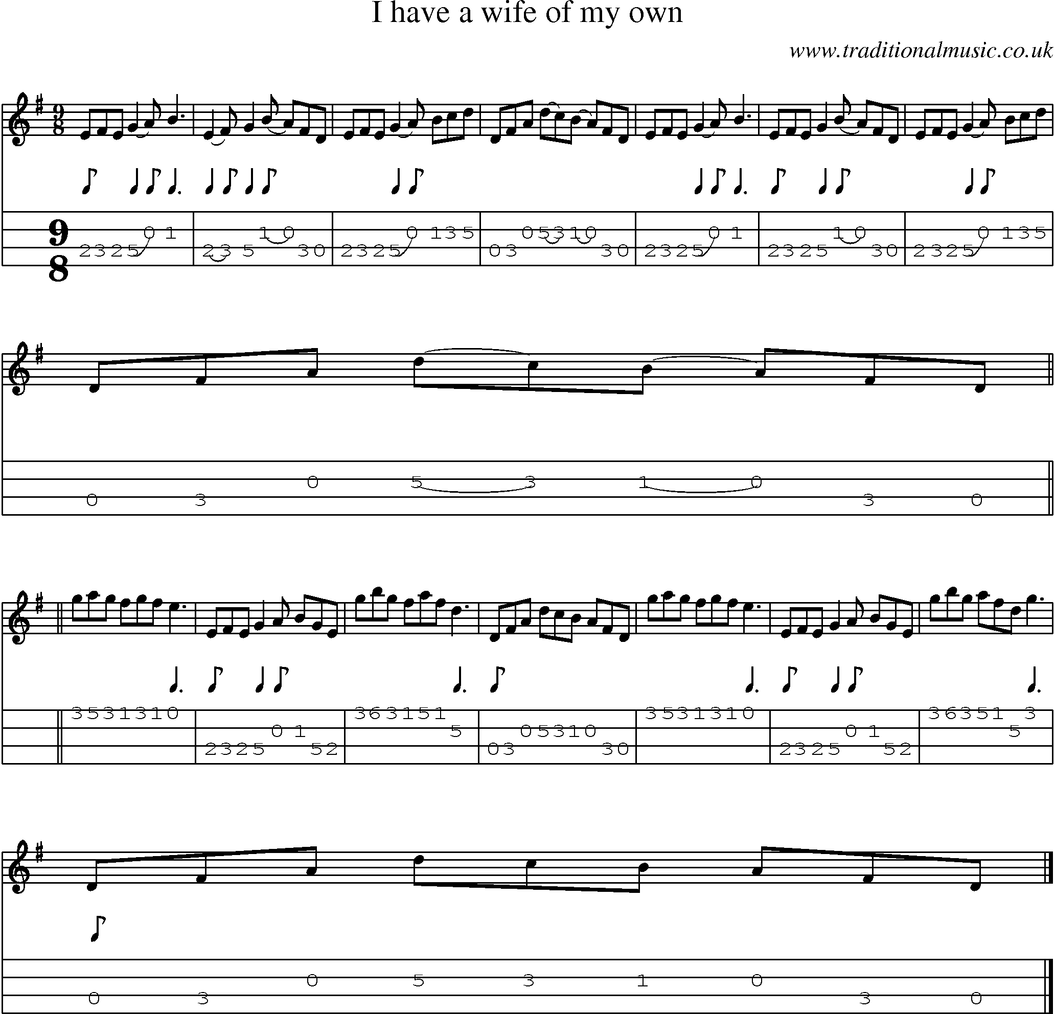Music Score and Mandolin Tabs for I Have A Wife Of My Own