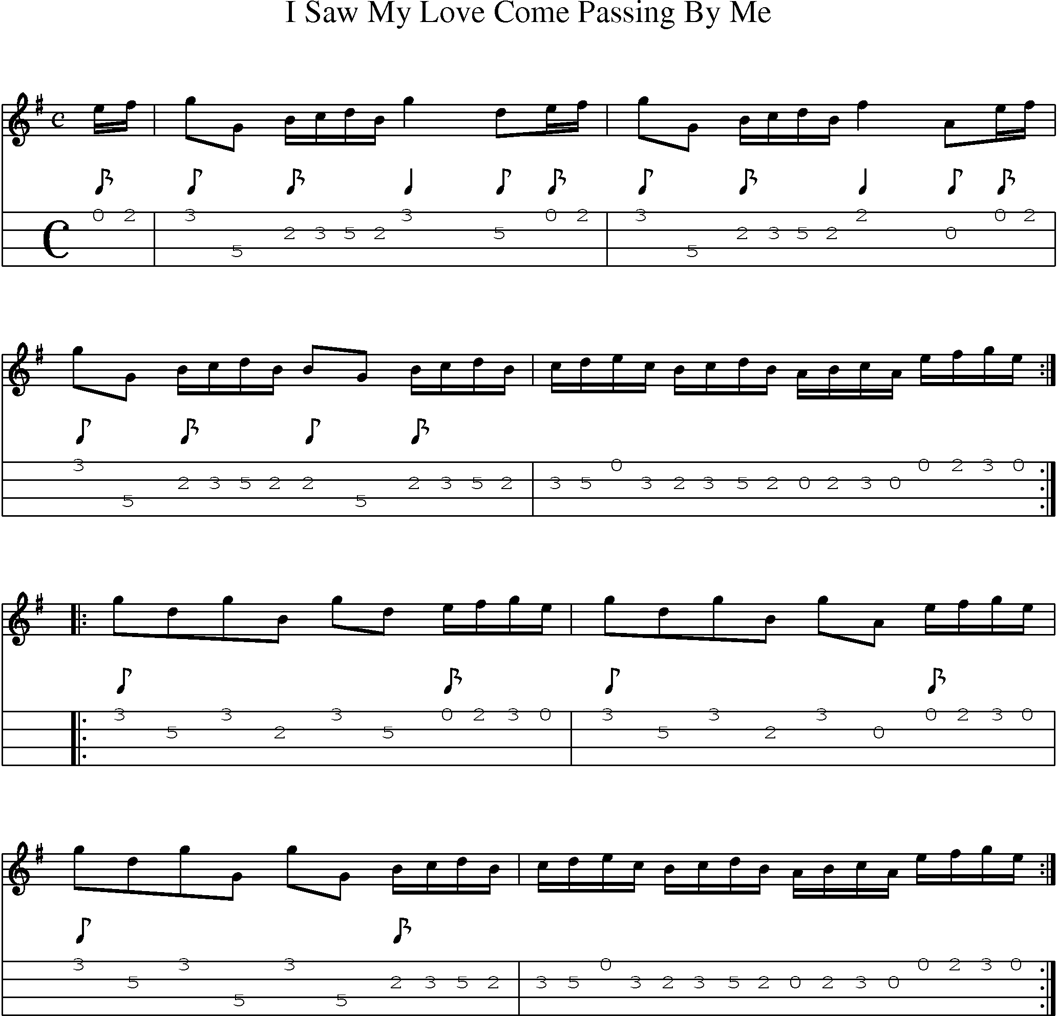 Music Score and Mandolin Tabs for I Saw My Love Come Passing By Me