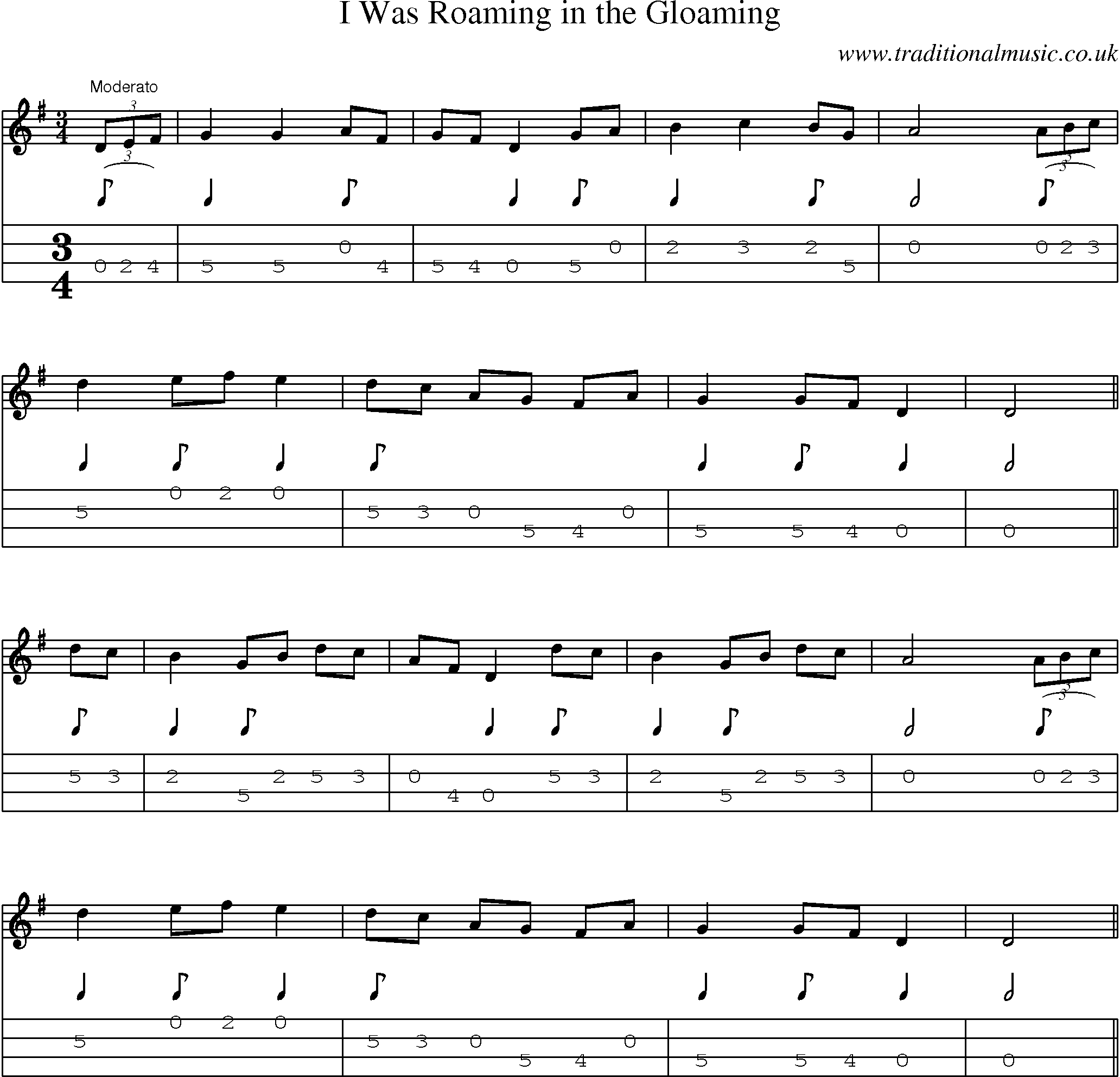 Music Score and Mandolin Tabs for I Was Roaming In Gloaming