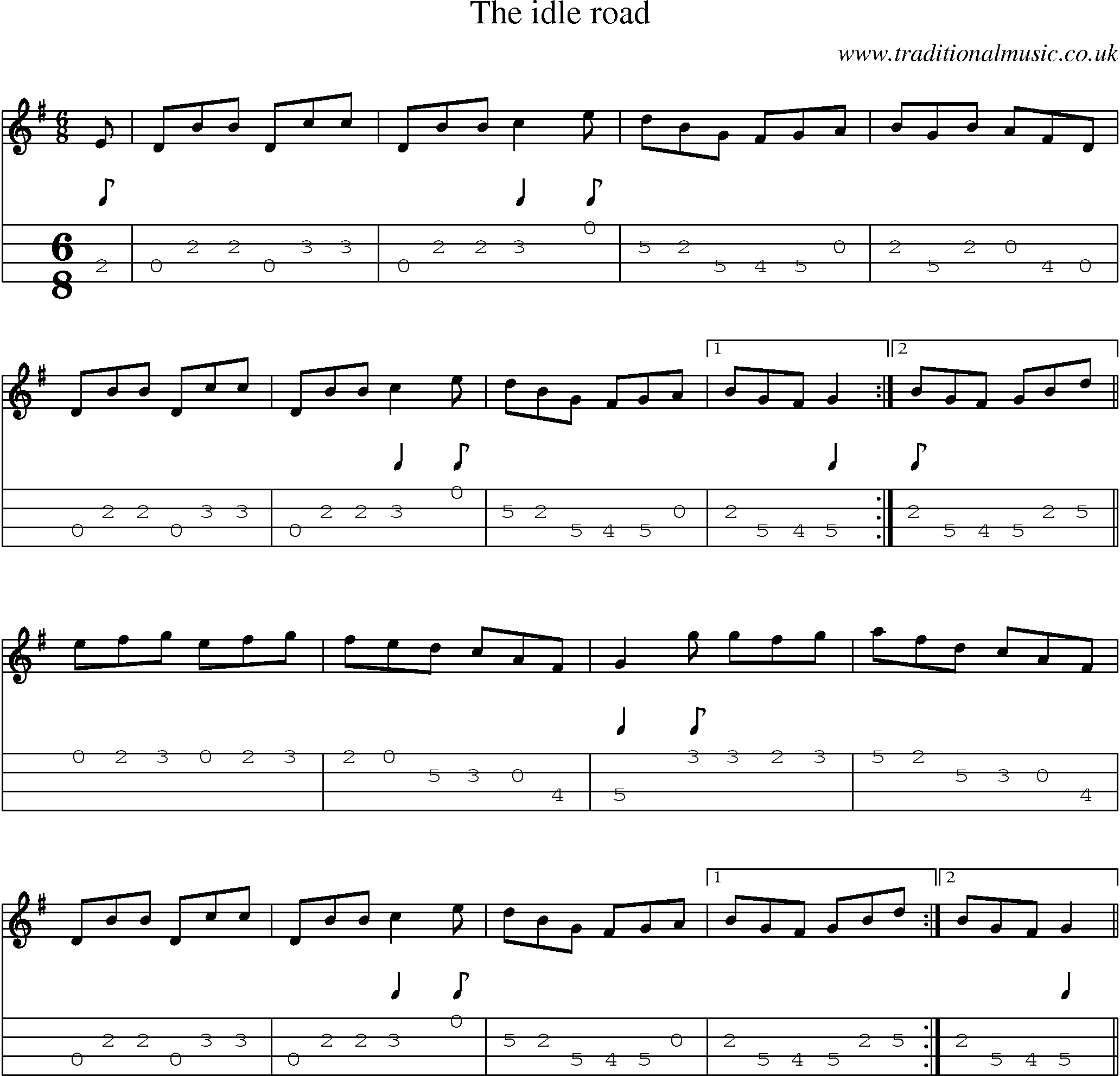 Music Score and Mandolin Tabs for Idle Road