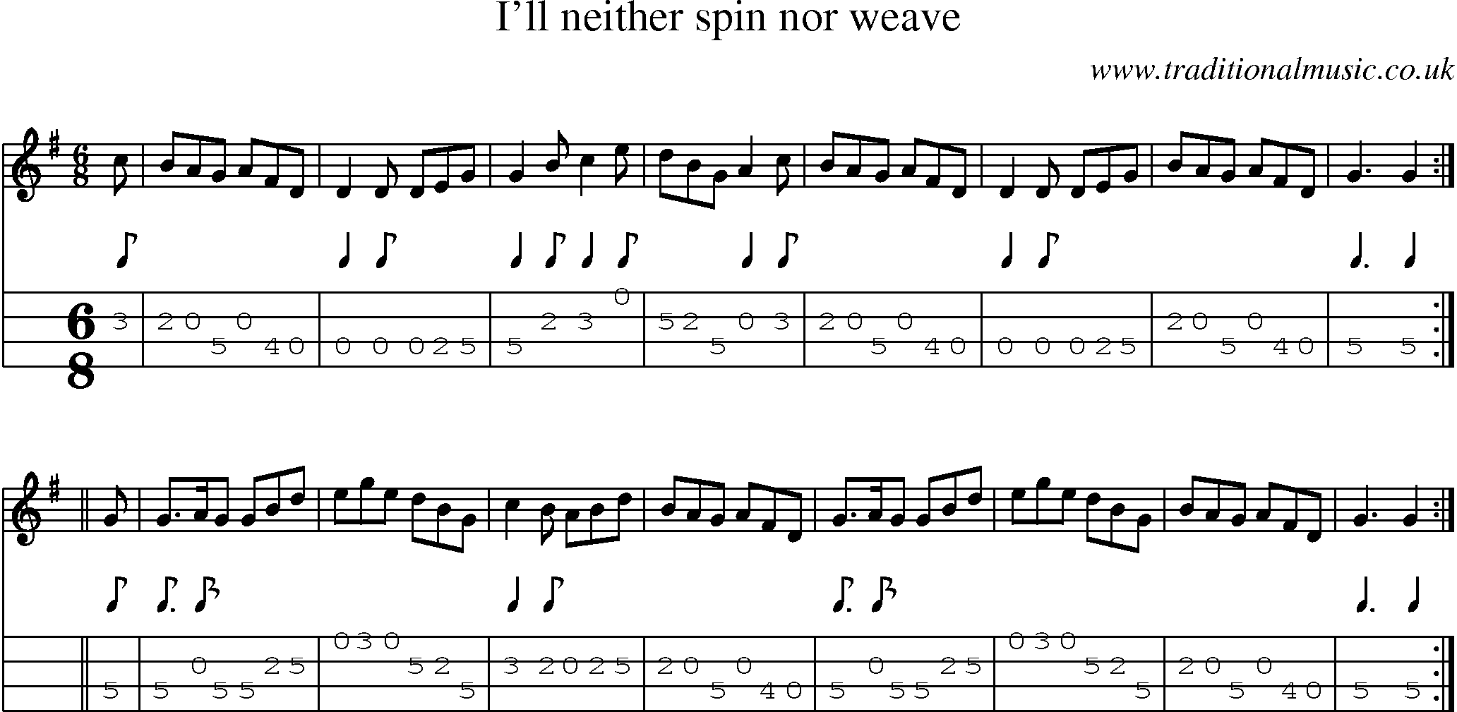 Music Score and Mandolin Tabs for Ill Neither Spin Nor Weave
