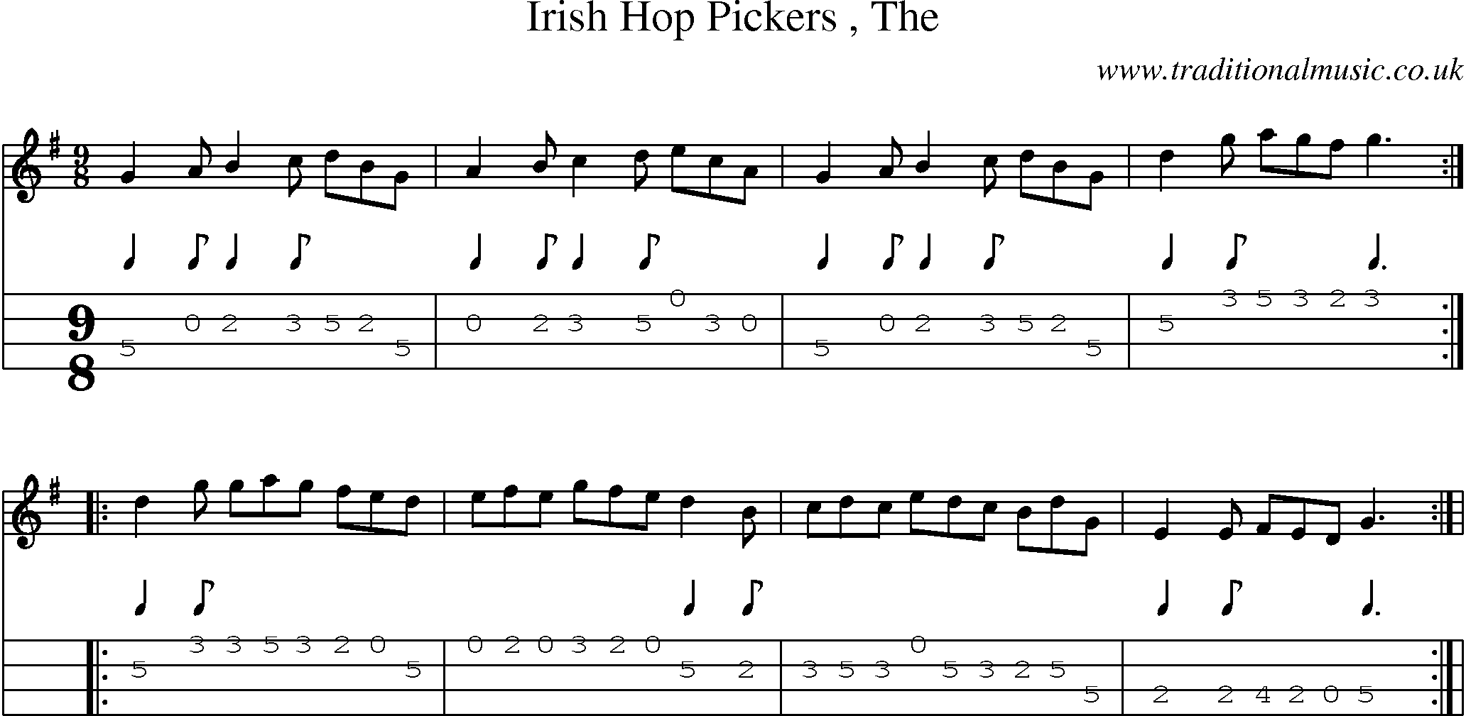 Music Score and Mandolin Tabs for Irish Hop Pickers