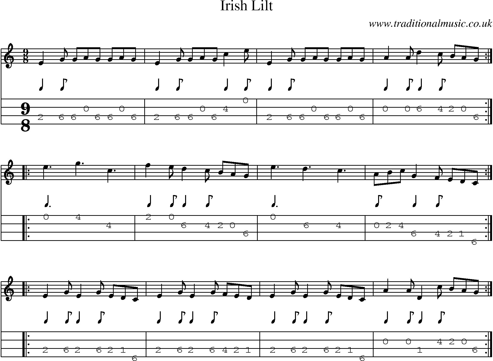 Music Score and Mandolin Tabs for Irish Lilt