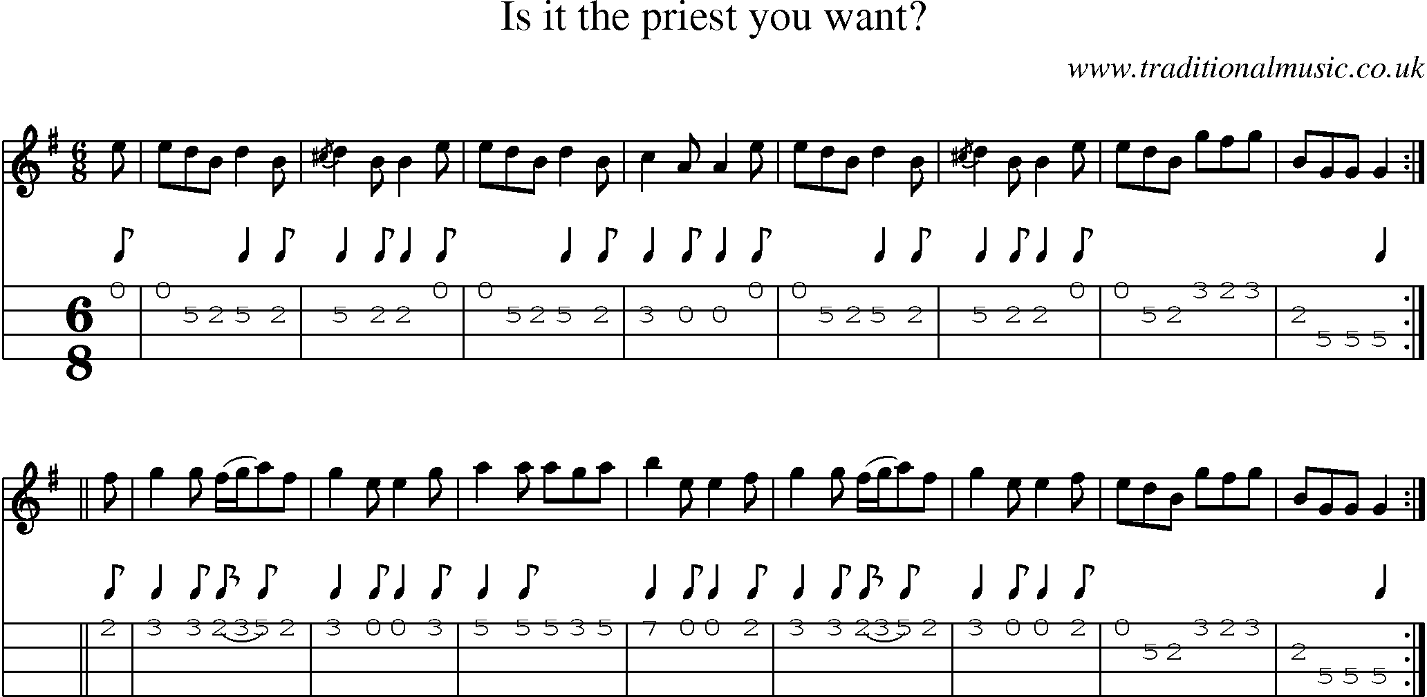 Music Score and Mandolin Tabs for Is It The Priest You Want