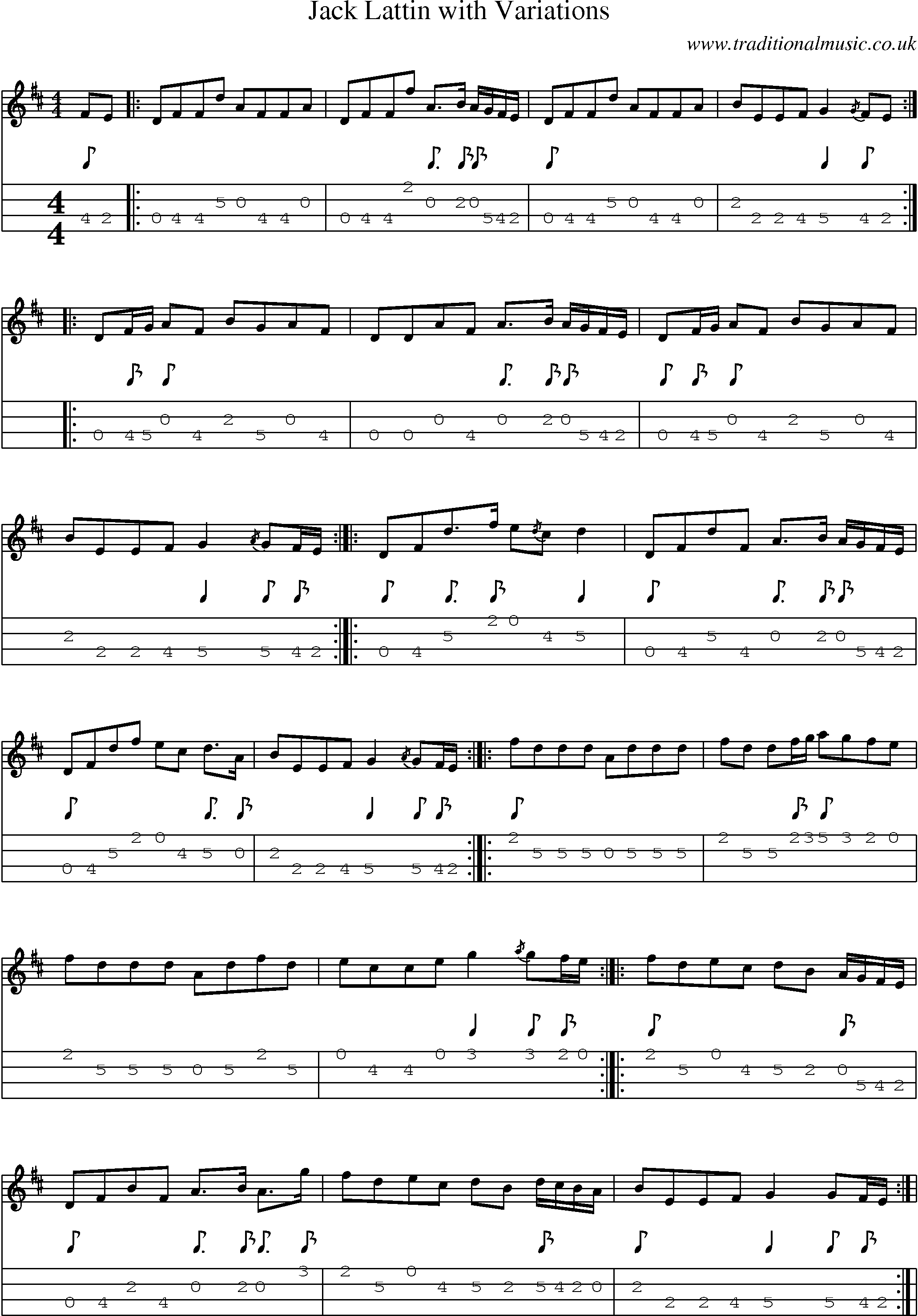 Music Score and Mandolin Tabs for Jack Lattin With Variations
