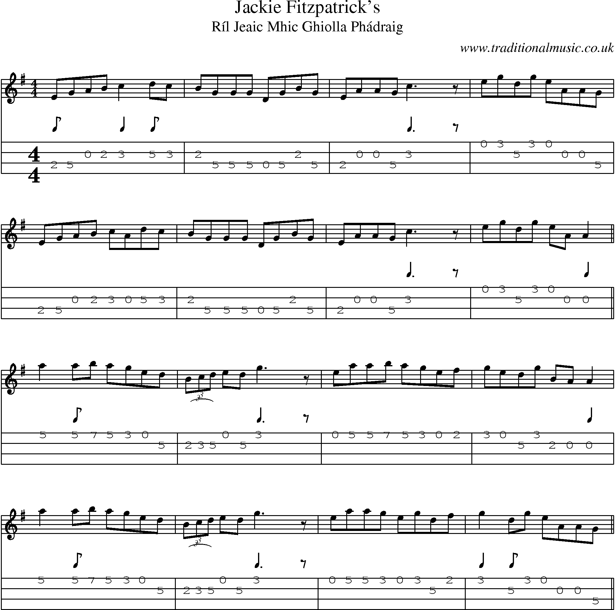 Music Score and Mandolin Tabs for Jackie Fitzpatricks