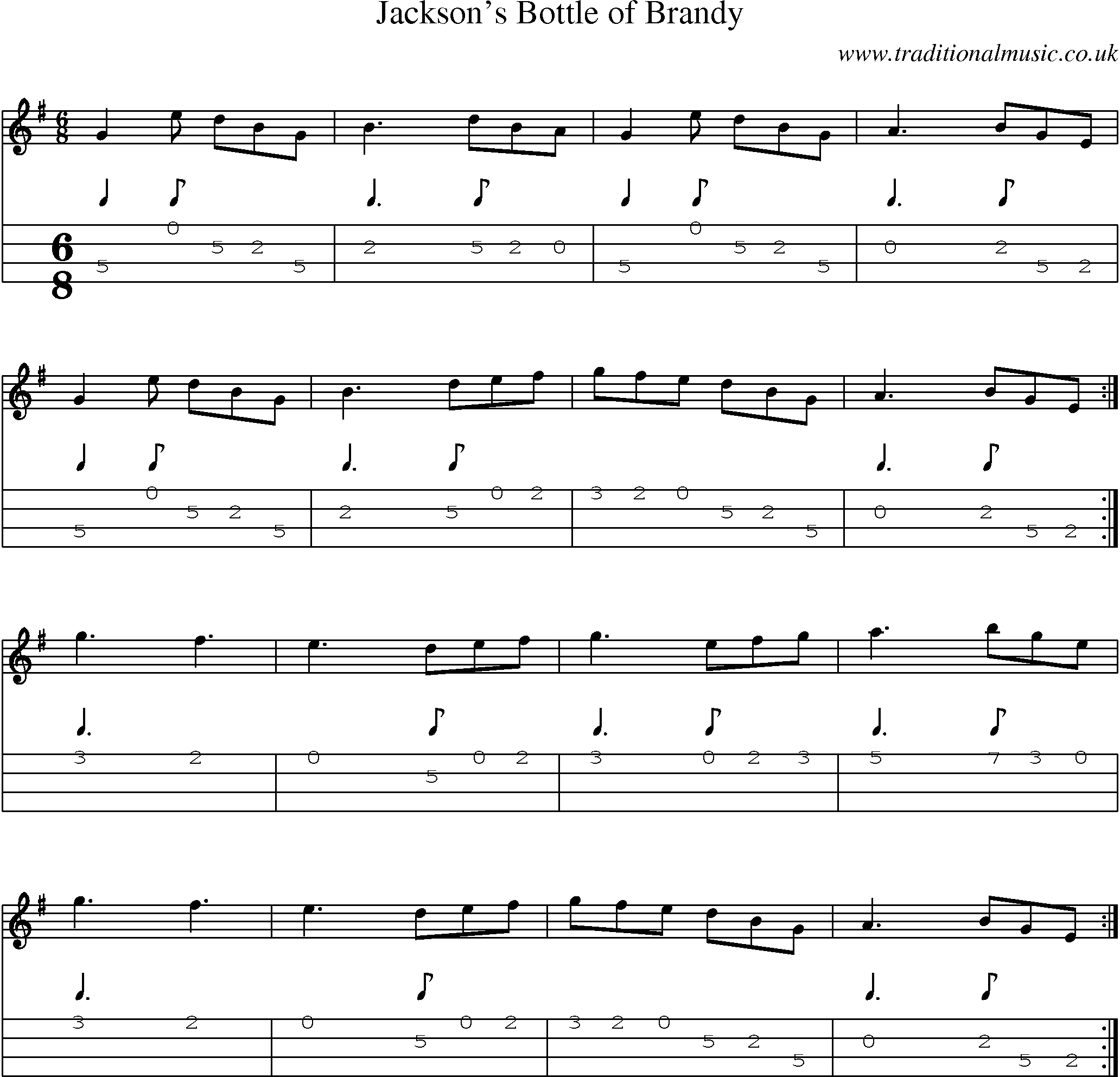 Music Score and Mandolin Tabs for Jacksons Bottle Of Brandy
