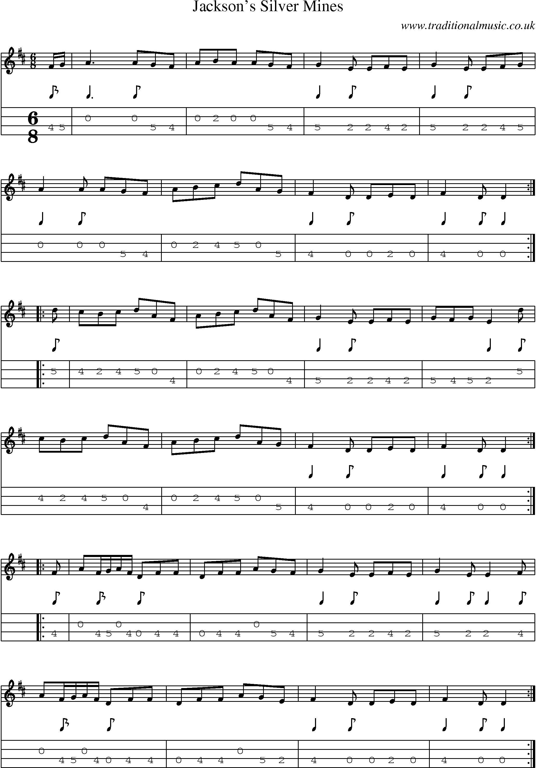 Music Score and Mandolin Tabs for Jacksons Silver Mines