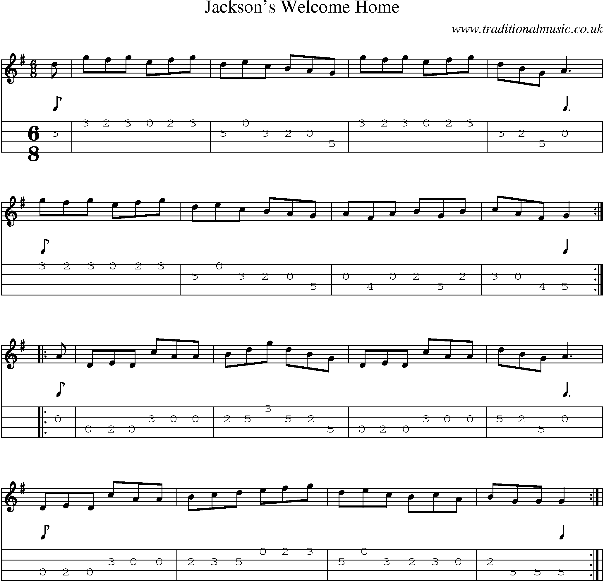 Music Score and Mandolin Tabs for Jacksons Welcome Home