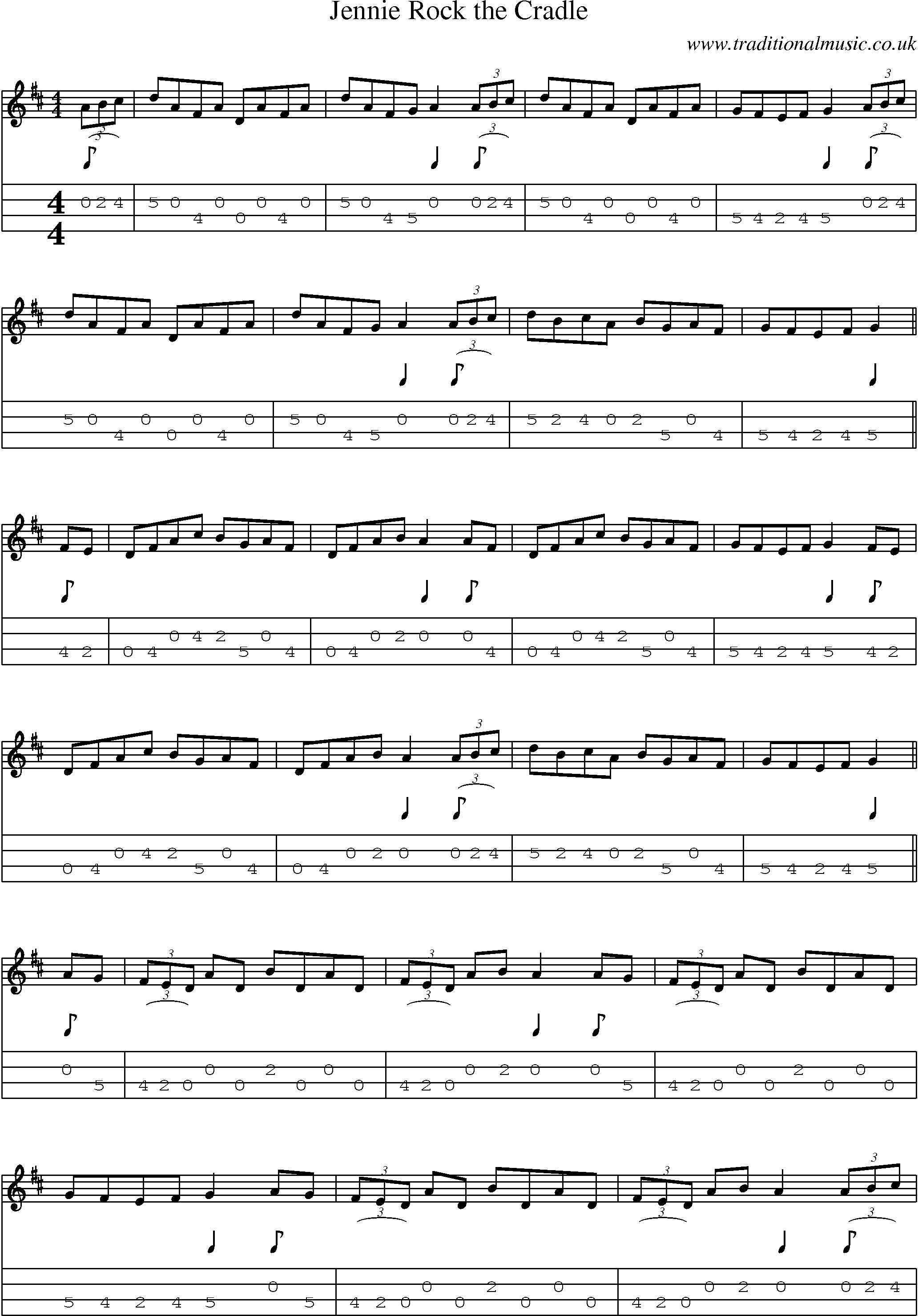 Music Score and Mandolin Tabs for Jennie Rock Cradle