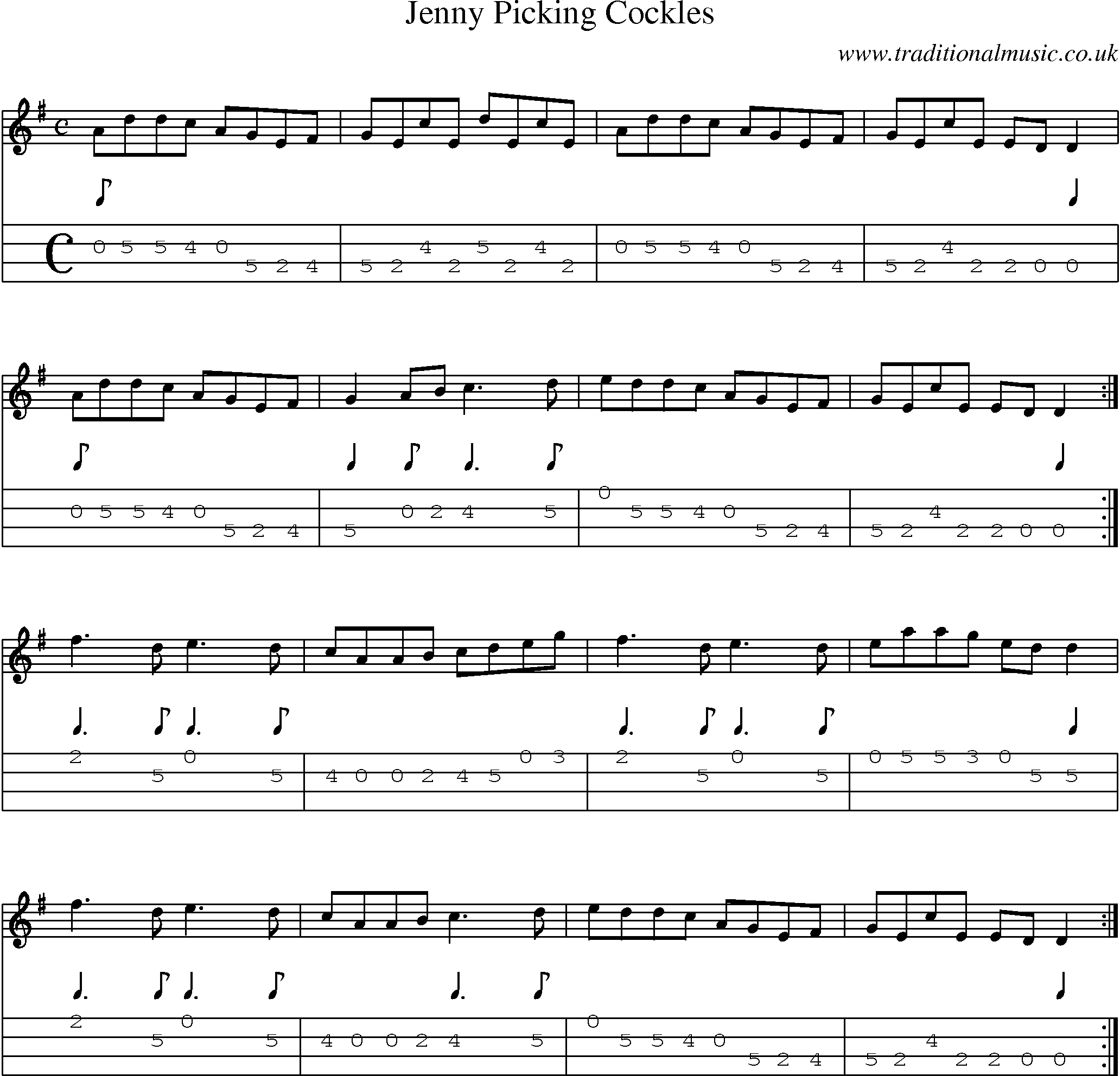 Music Score and Mandolin Tabs for Jenny Picking Cockles