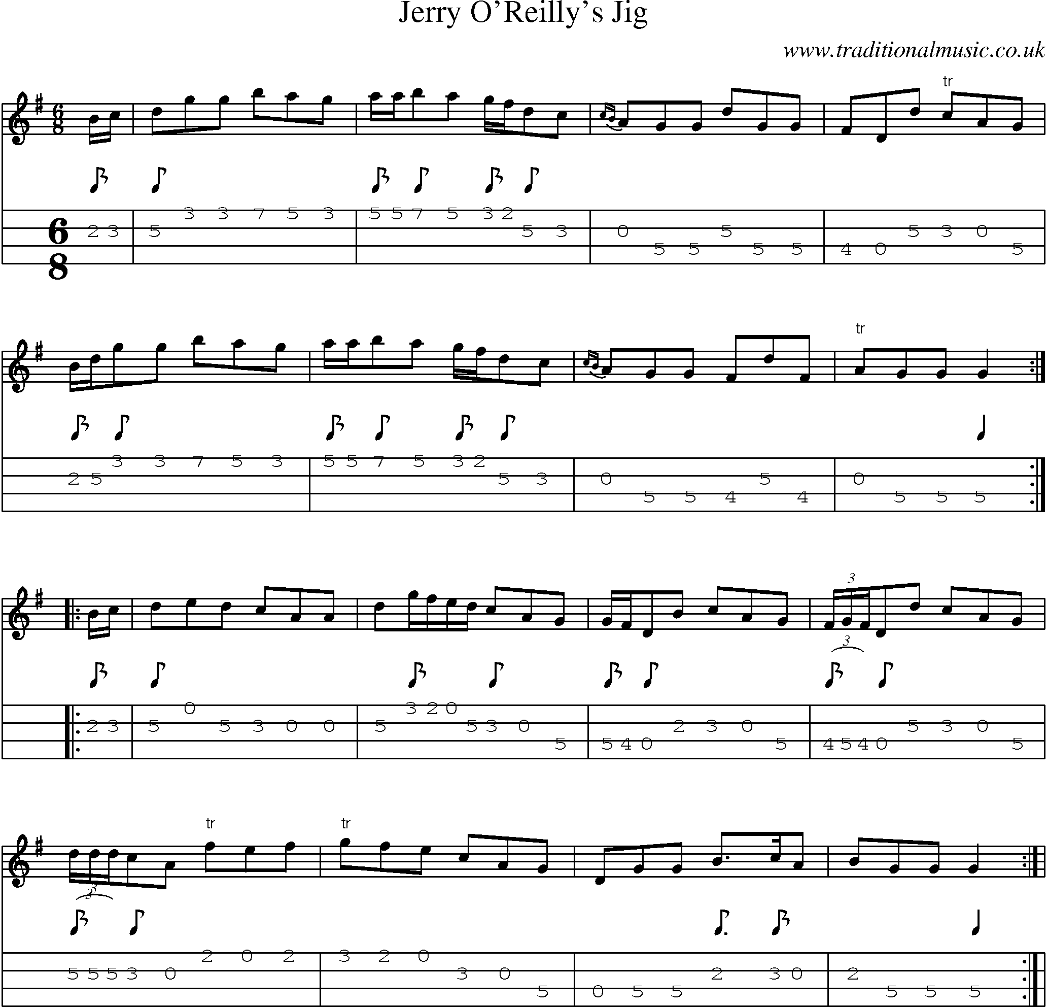 Music Score and Mandolin Tabs for Jerry Oreillys Jig