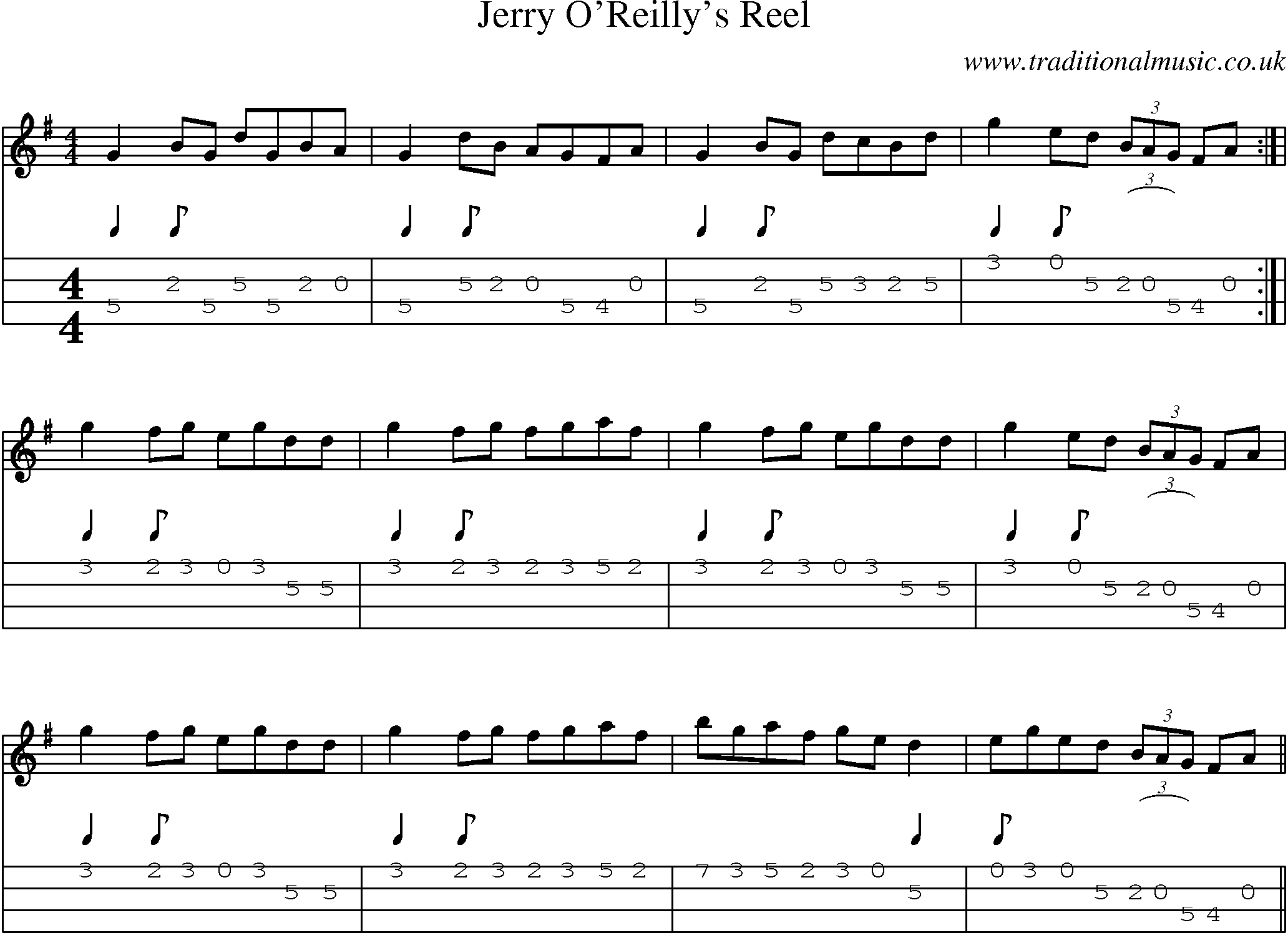 Music Score and Mandolin Tabs for Jerry Oreillys Reel