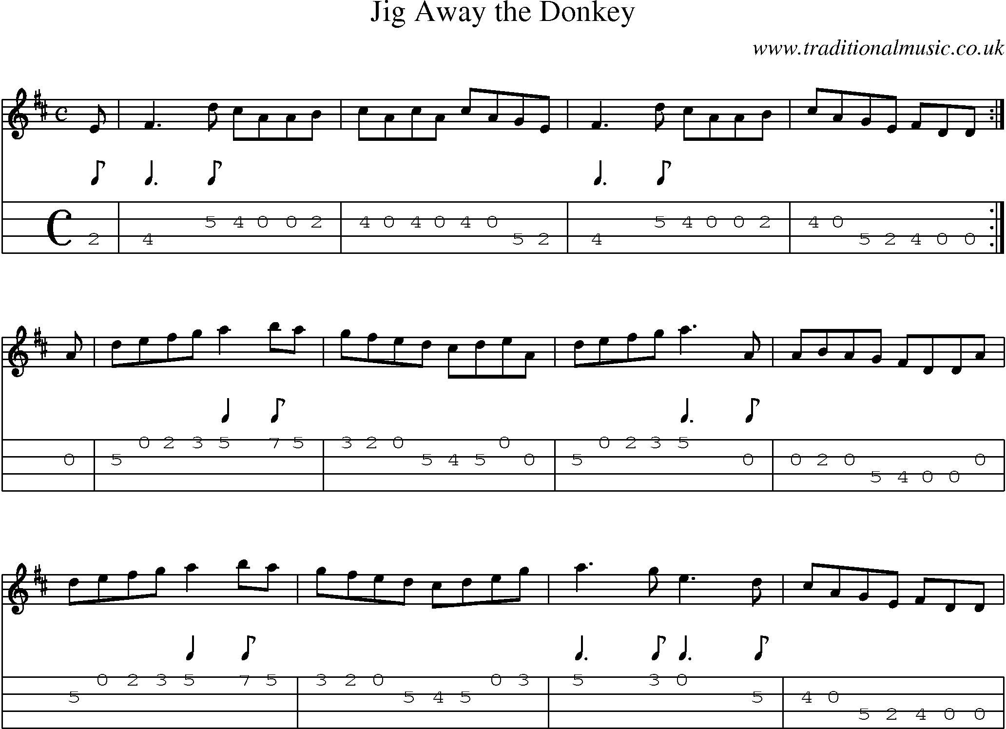 Music Score and Mandolin Tabs for Jig Away Donkey