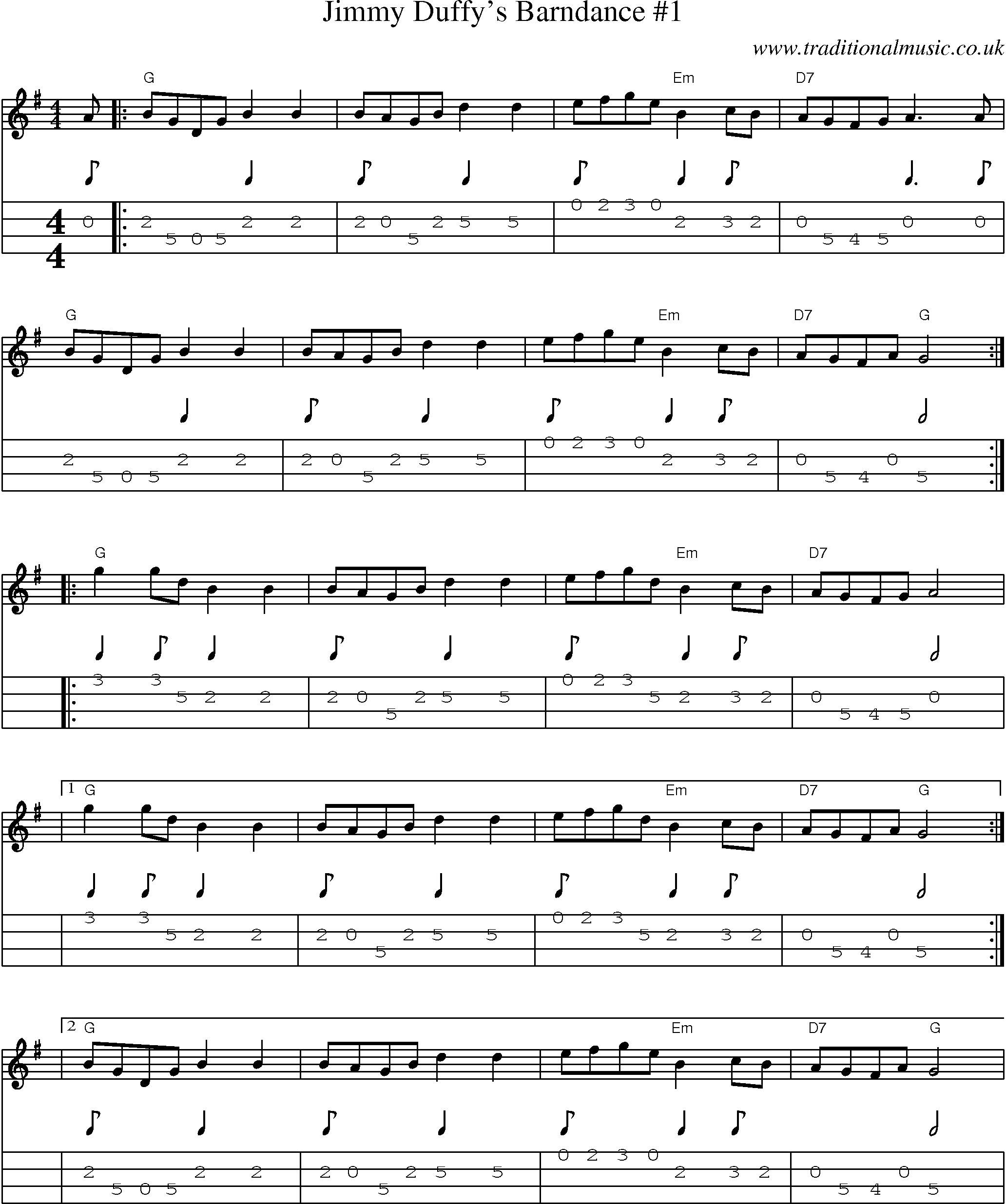 Music Score and Mandolin Tabs for Jimmy Duffys Barndance 1