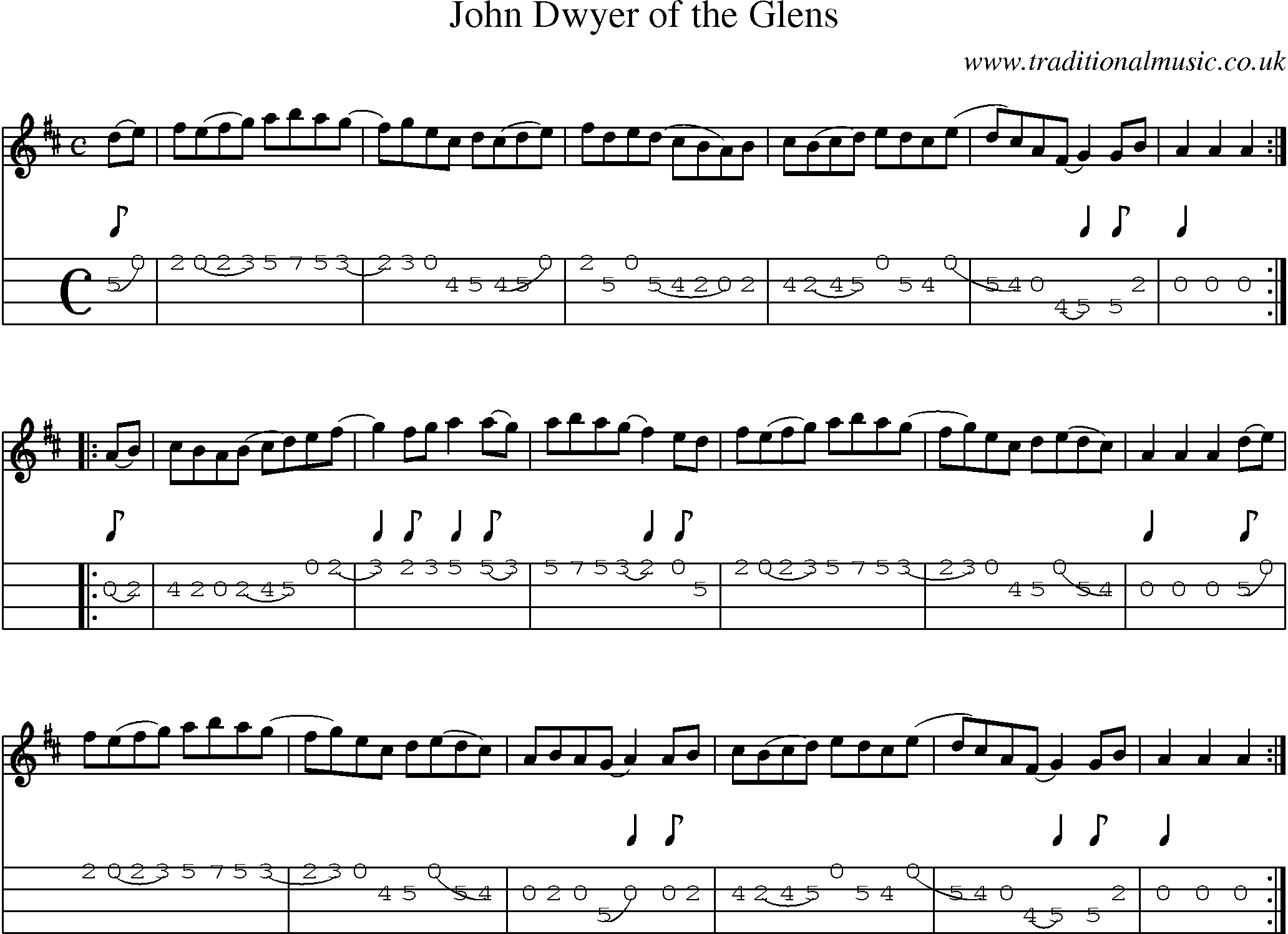 Music Score and Mandolin Tabs for John Dwyer Of The Glens