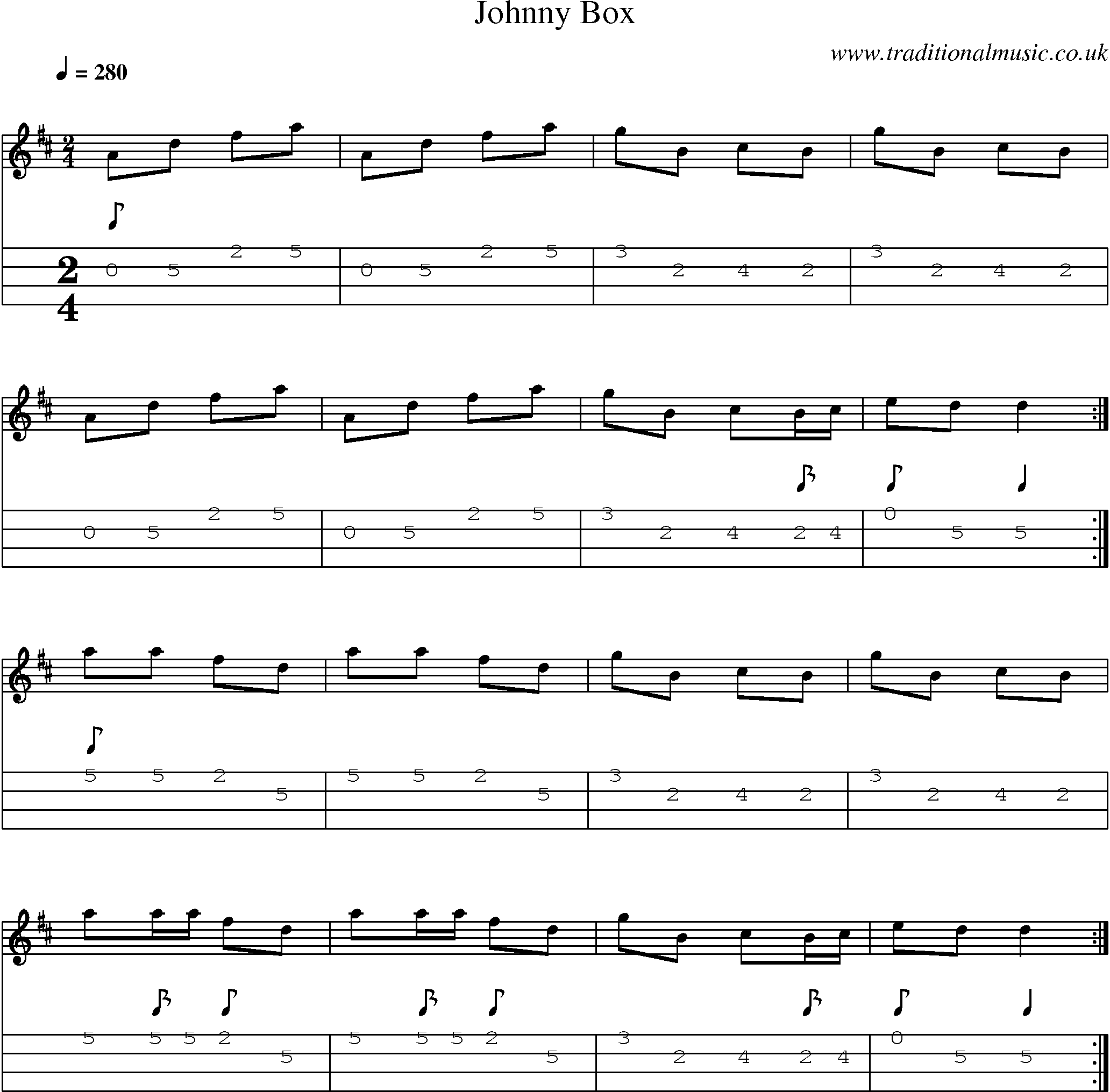 Music Score and Mandolin Tabs for Johnny Box