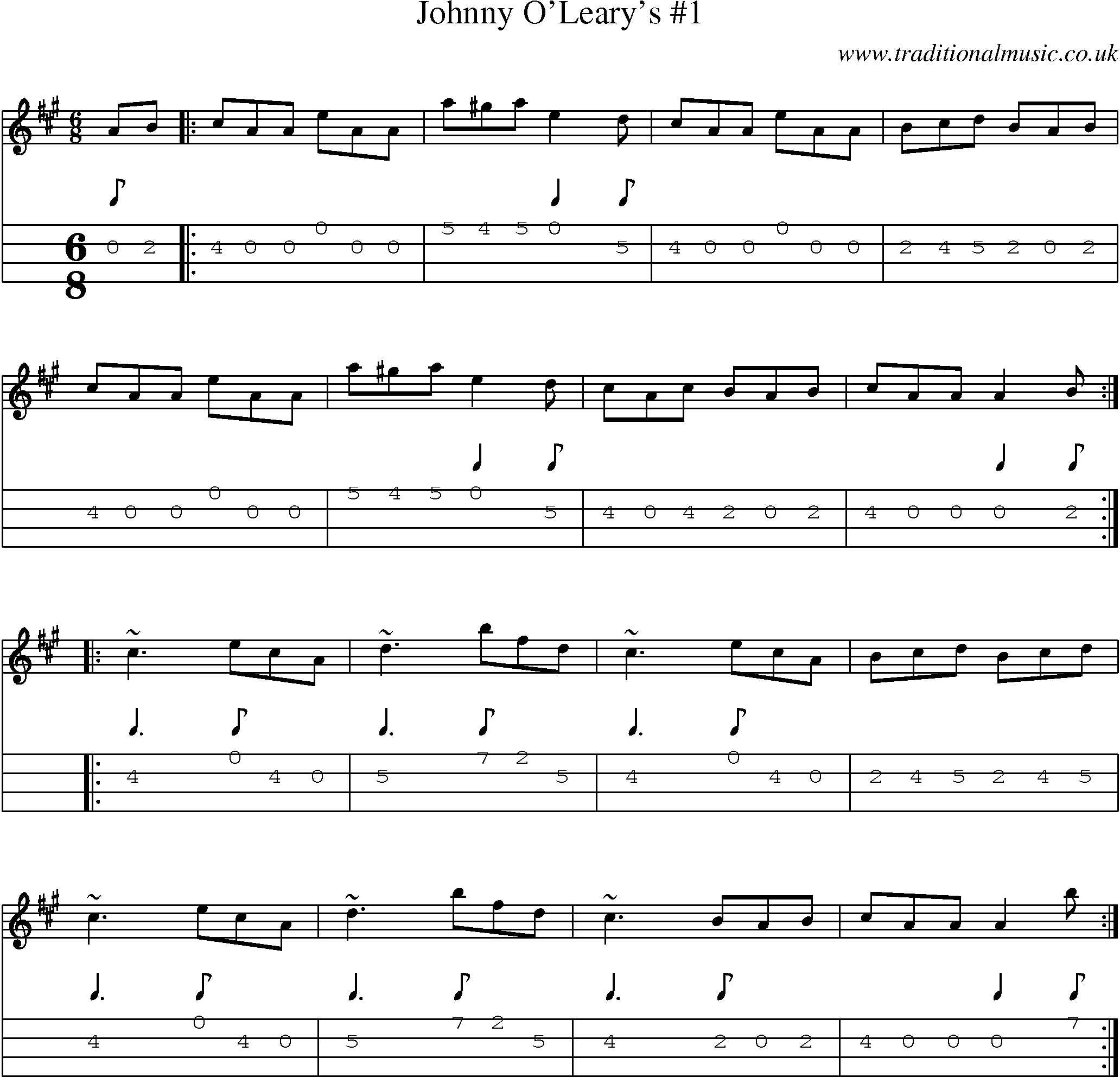 Music Score and Mandolin Tabs for Johnny Olearys 1