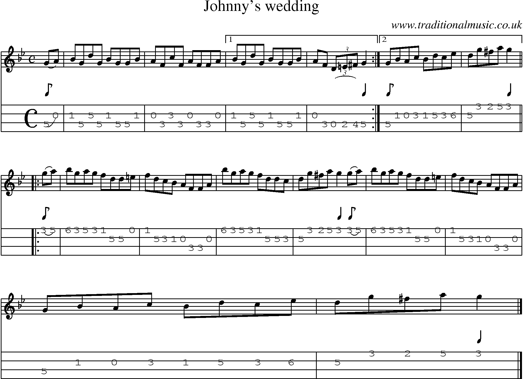Music Score and Mandolin Tabs for Johnnys Wedding
