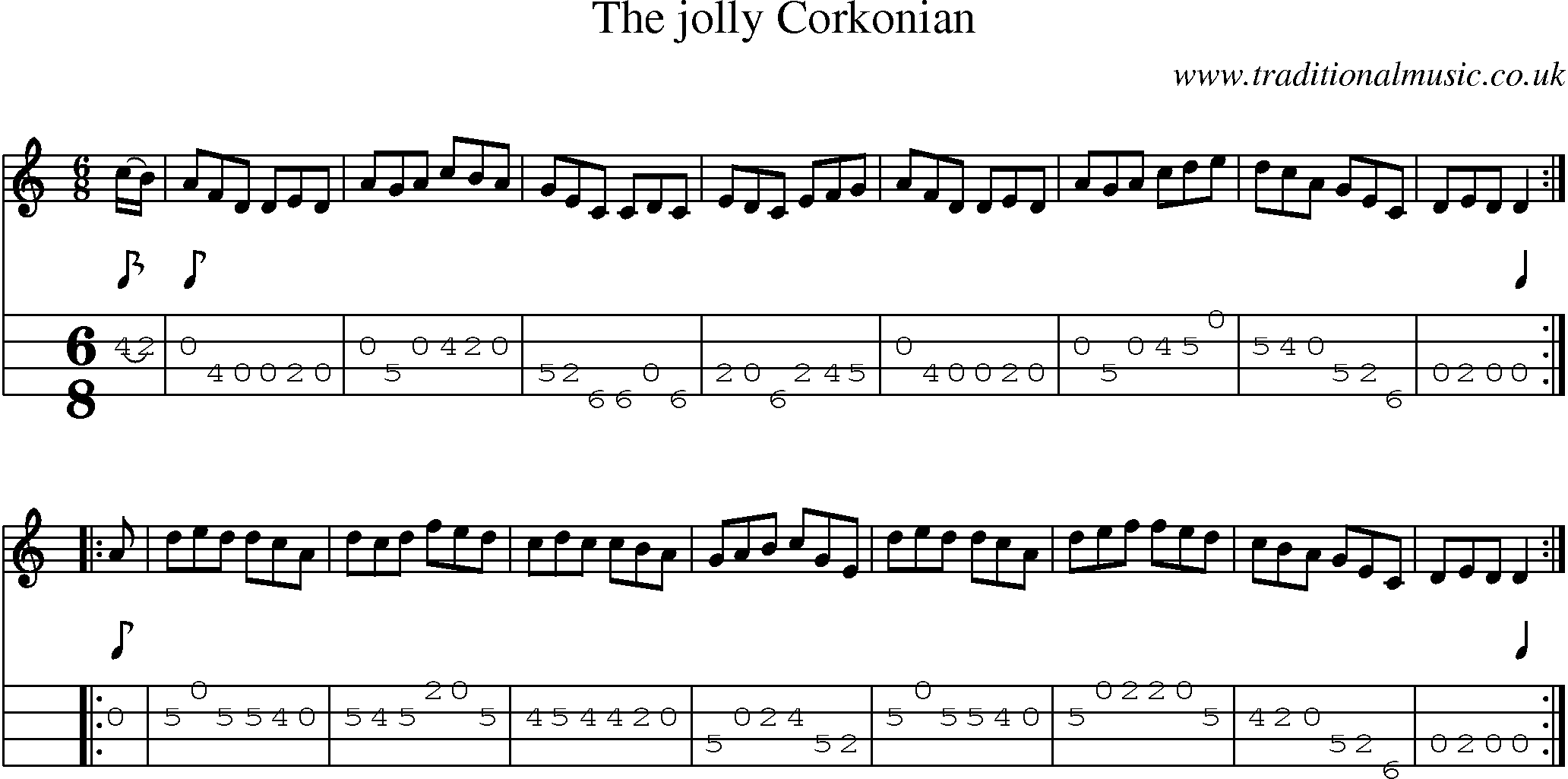 Music Score and Mandolin Tabs for Jolly Corkonian