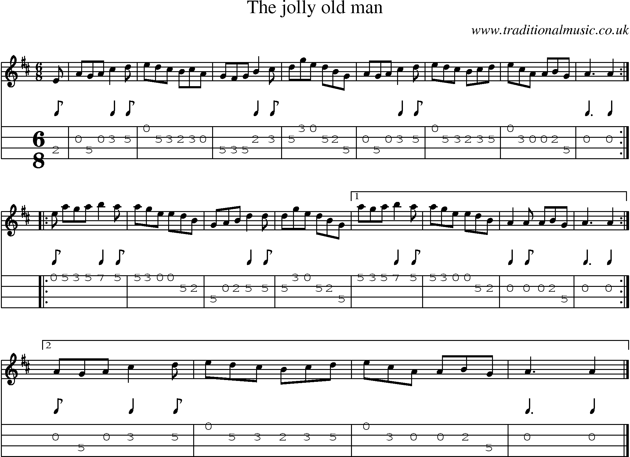Music Score and Mandolin Tabs for Jolly Old Man