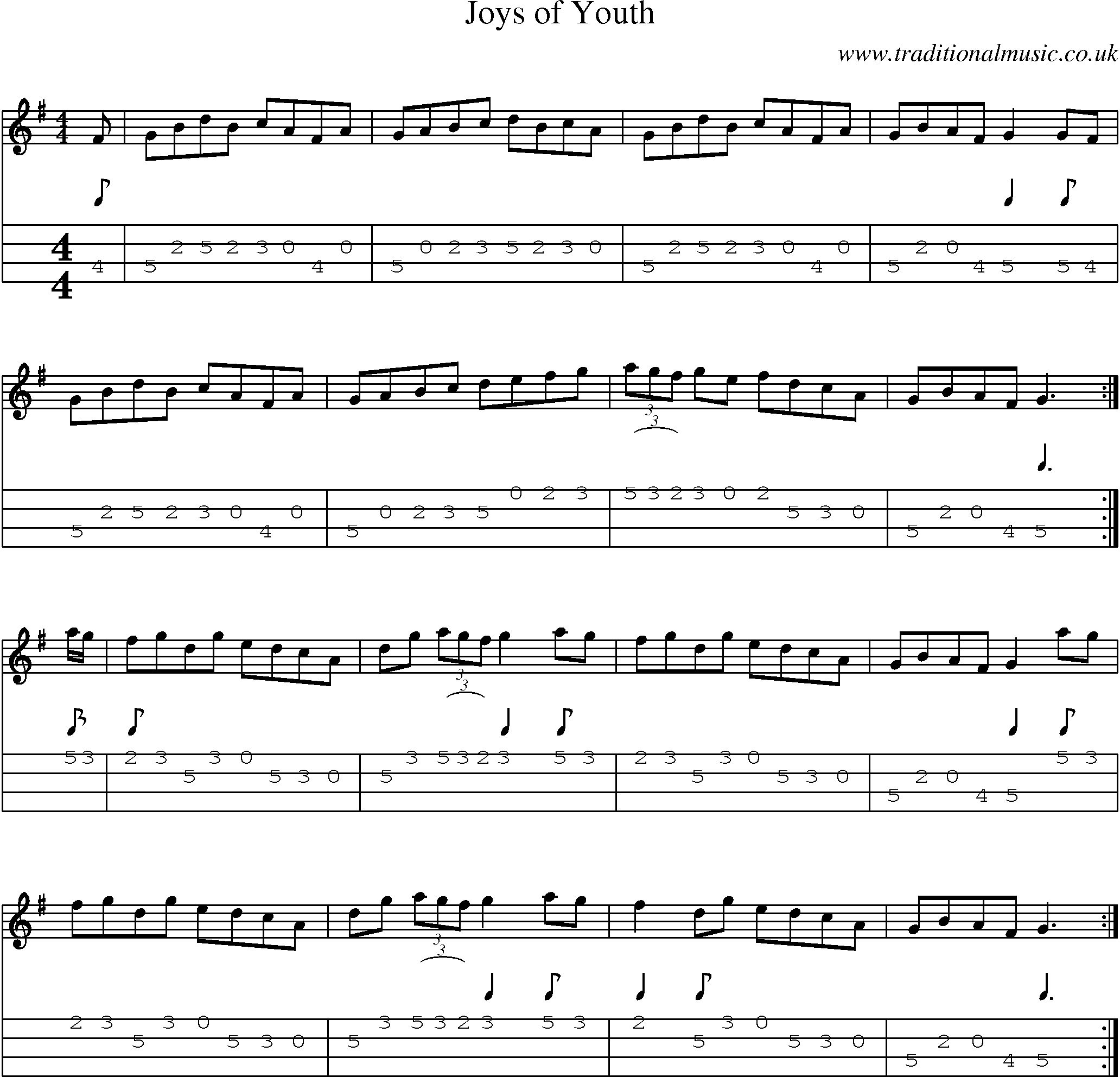 Music Score and Mandolin Tabs for Joys Of Youth