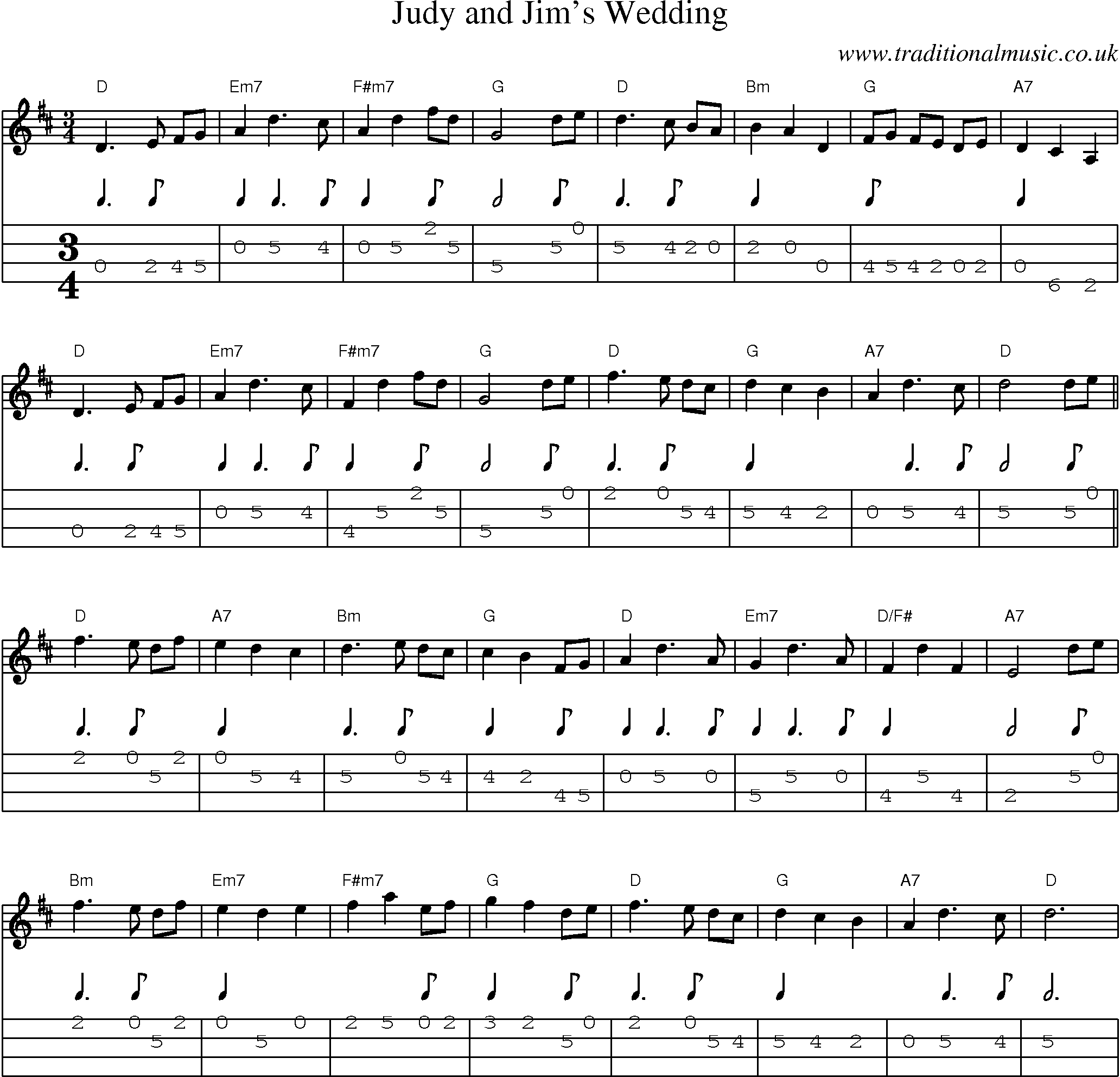 Music Score and Mandolin Tabs for Judy And Jims Wedding