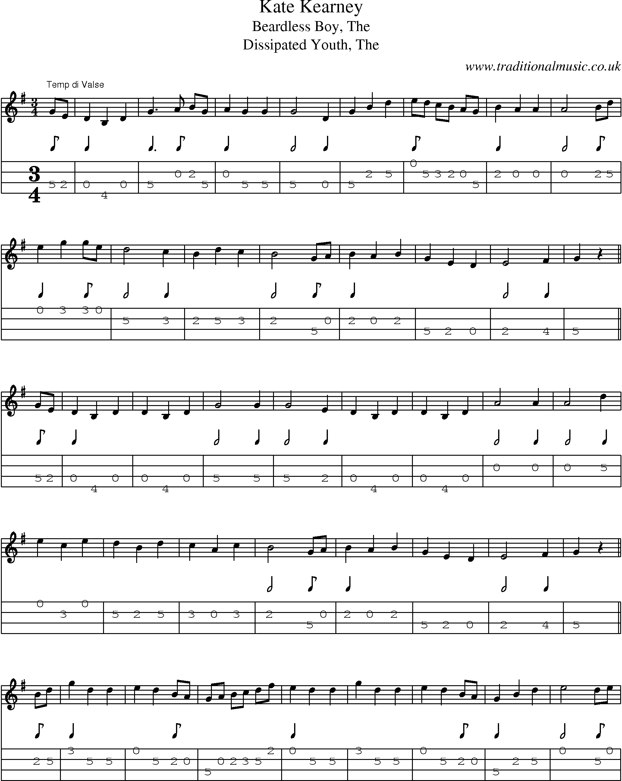 Music Score and Mandolin Tabs for Kate Kearney