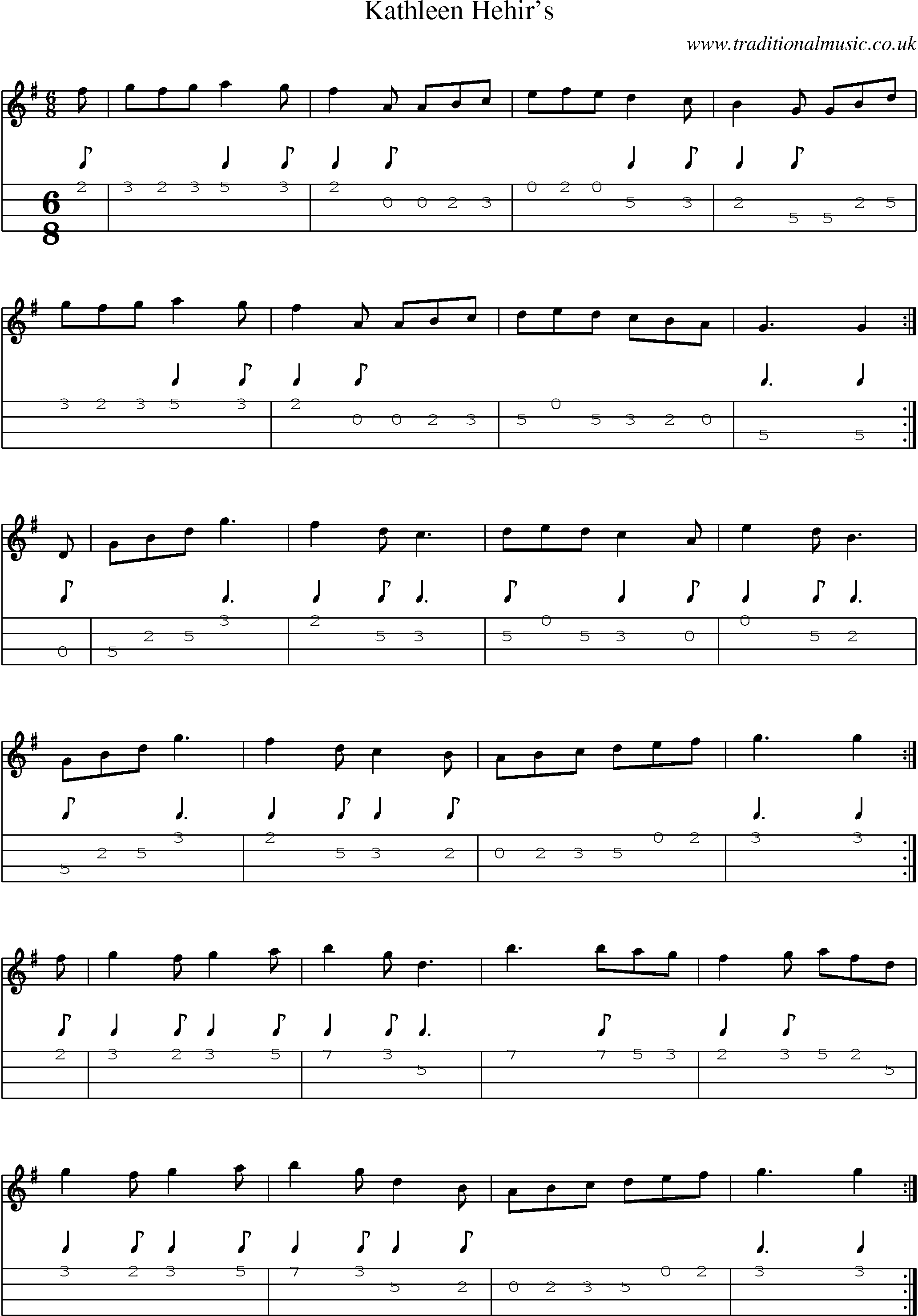 Music Score and Mandolin Tabs for Kathleen Hehirs