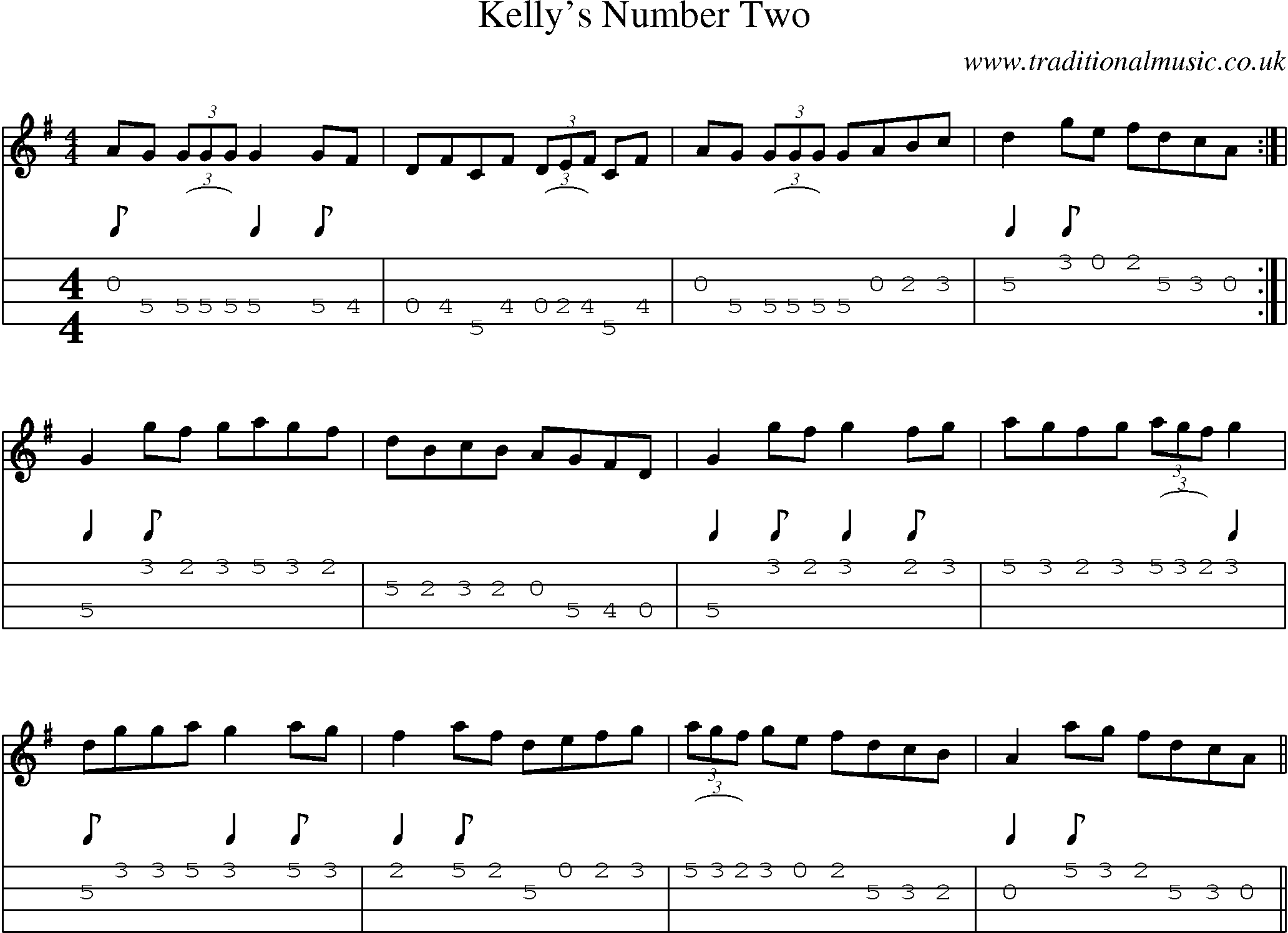 Music Score and Mandolin Tabs for Kellys Number Two