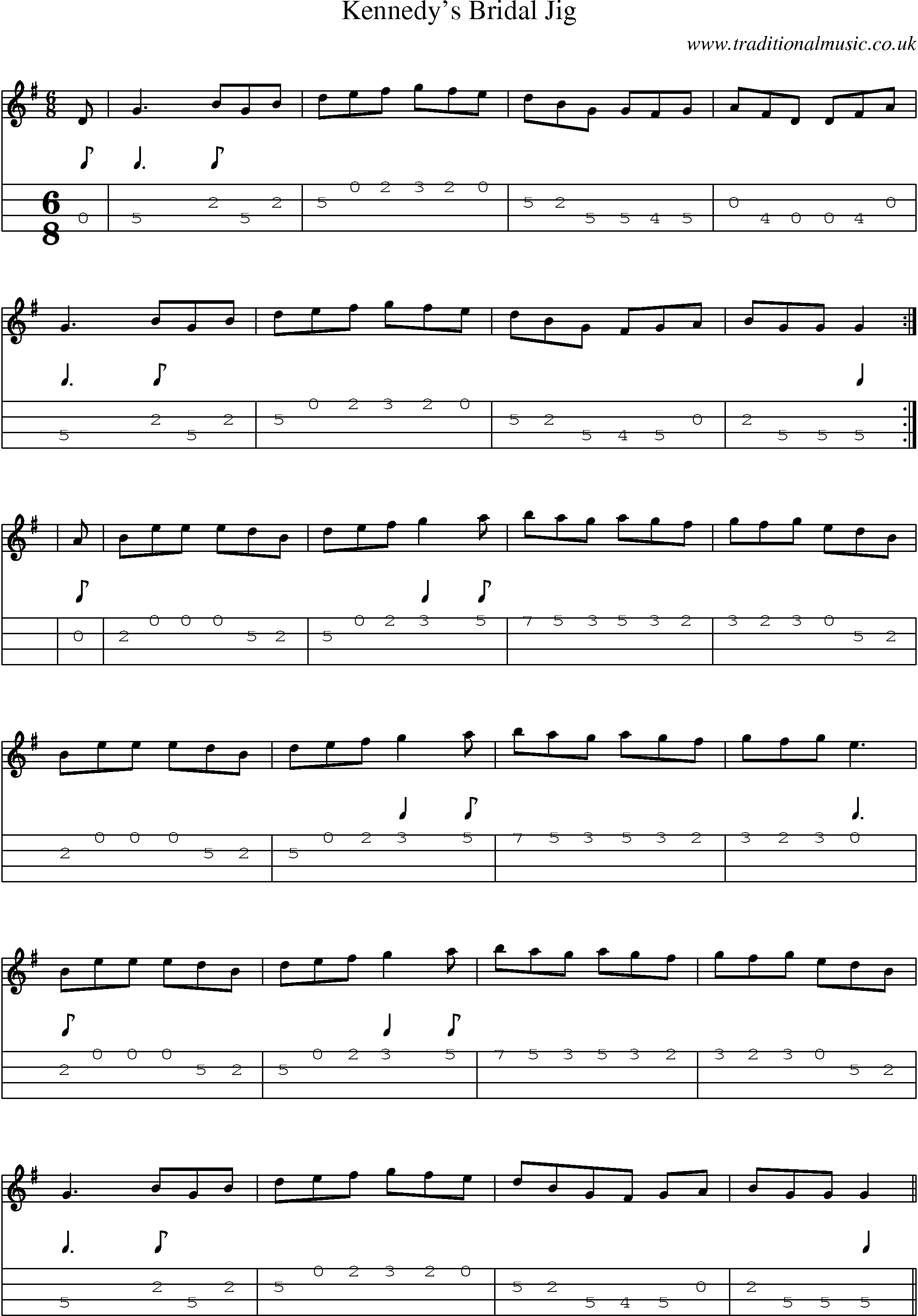 Music Score and Mandolin Tabs for Kennedys Bridal Jig