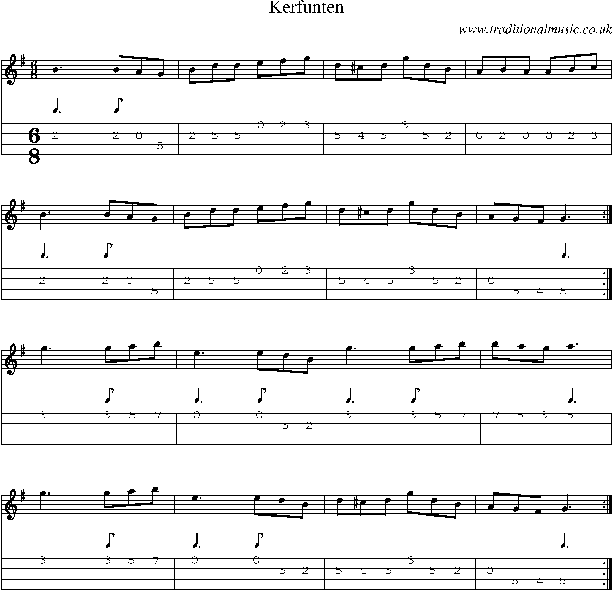 Music Score and Mandolin Tabs for Kerfunten