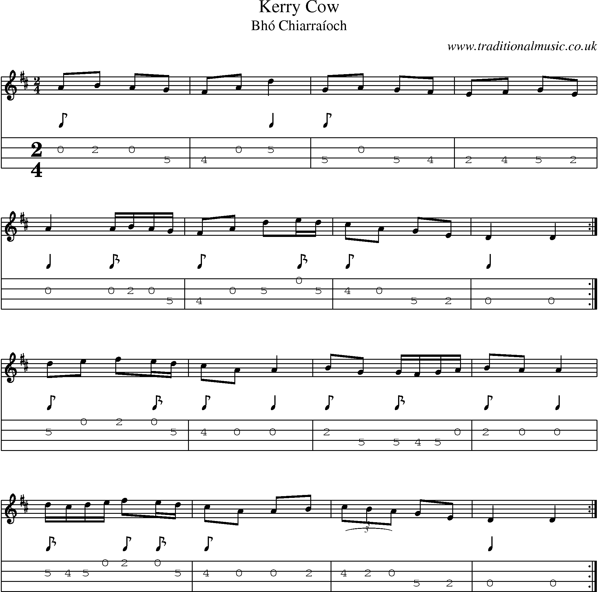 Music Score and Mandolin Tabs for Kerry Cow