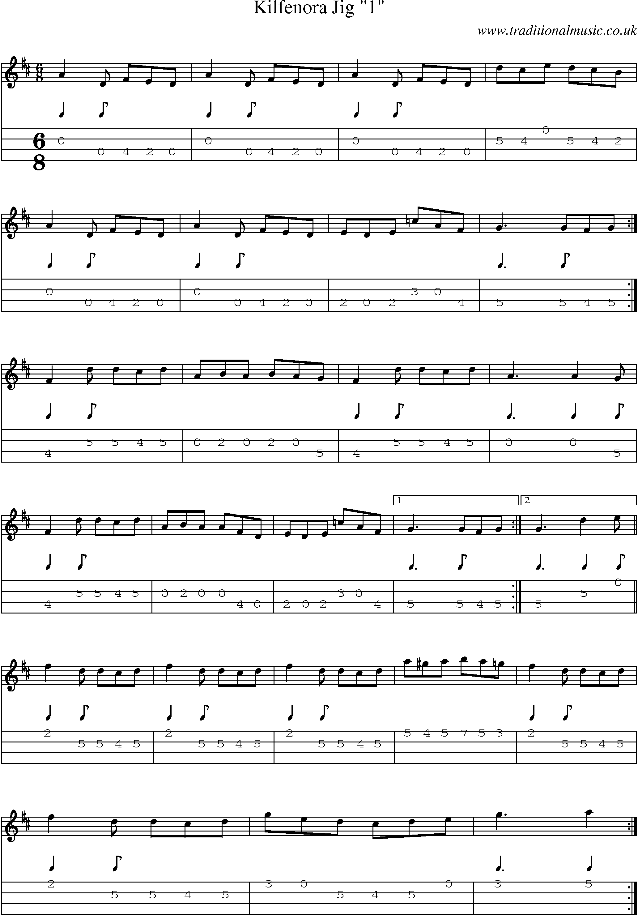 Music Score and Mandolin Tabs for Kilfenora Jig 1