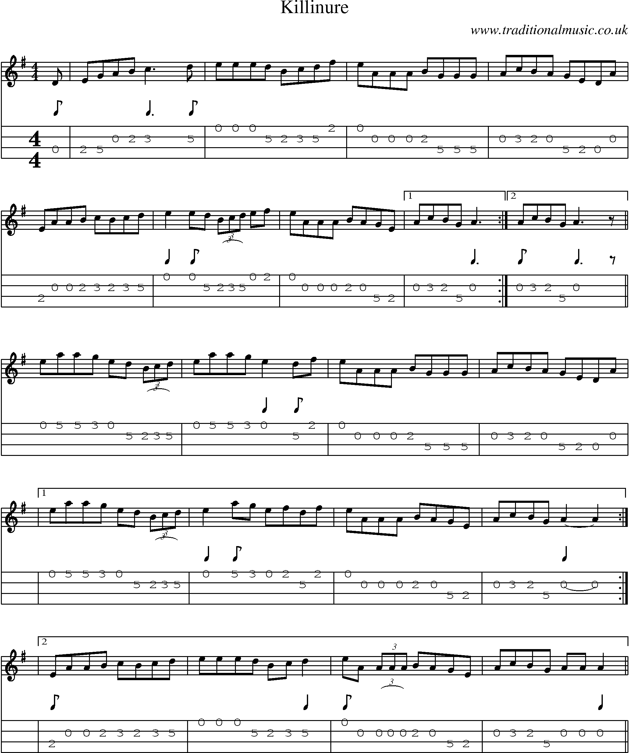 Music Score and Mandolin Tabs for Killinure