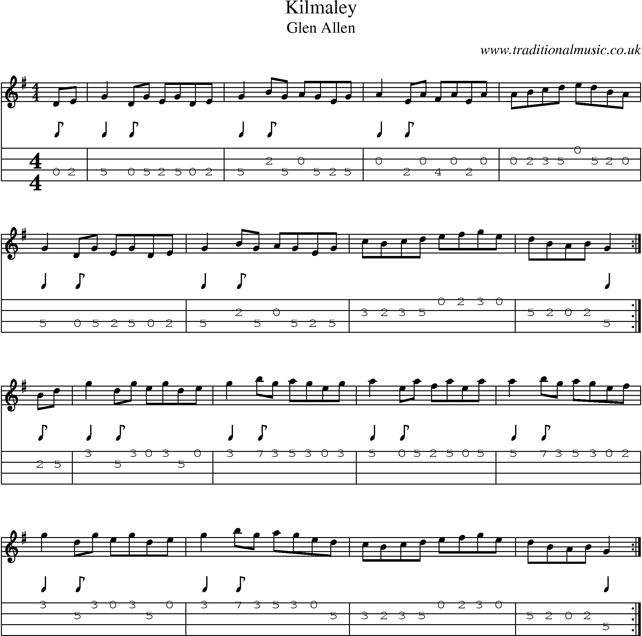 Music Score and Mandolin Tabs for Kilmaley