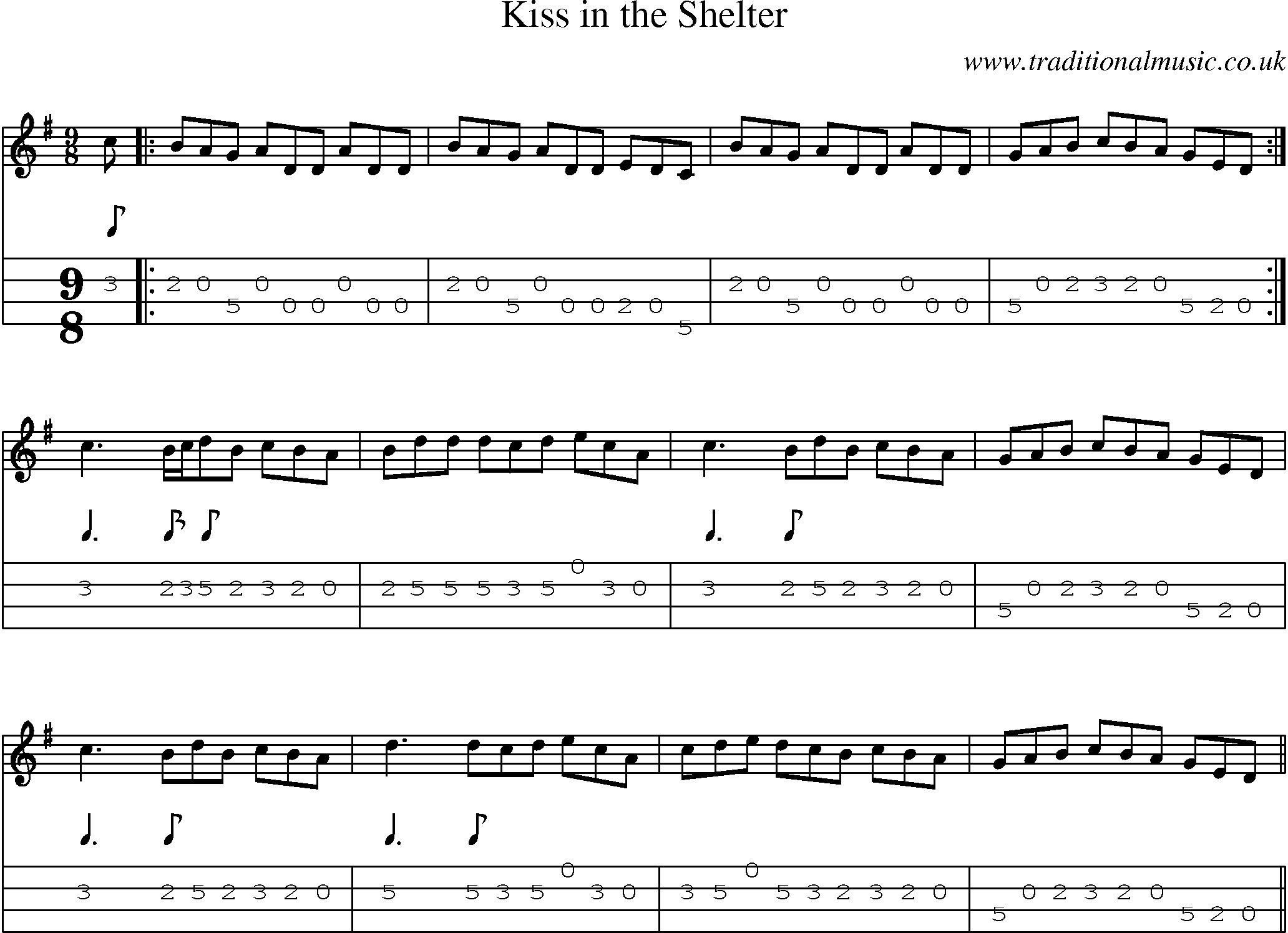 Music Score and Mandolin Tabs for Kiss In Shelter