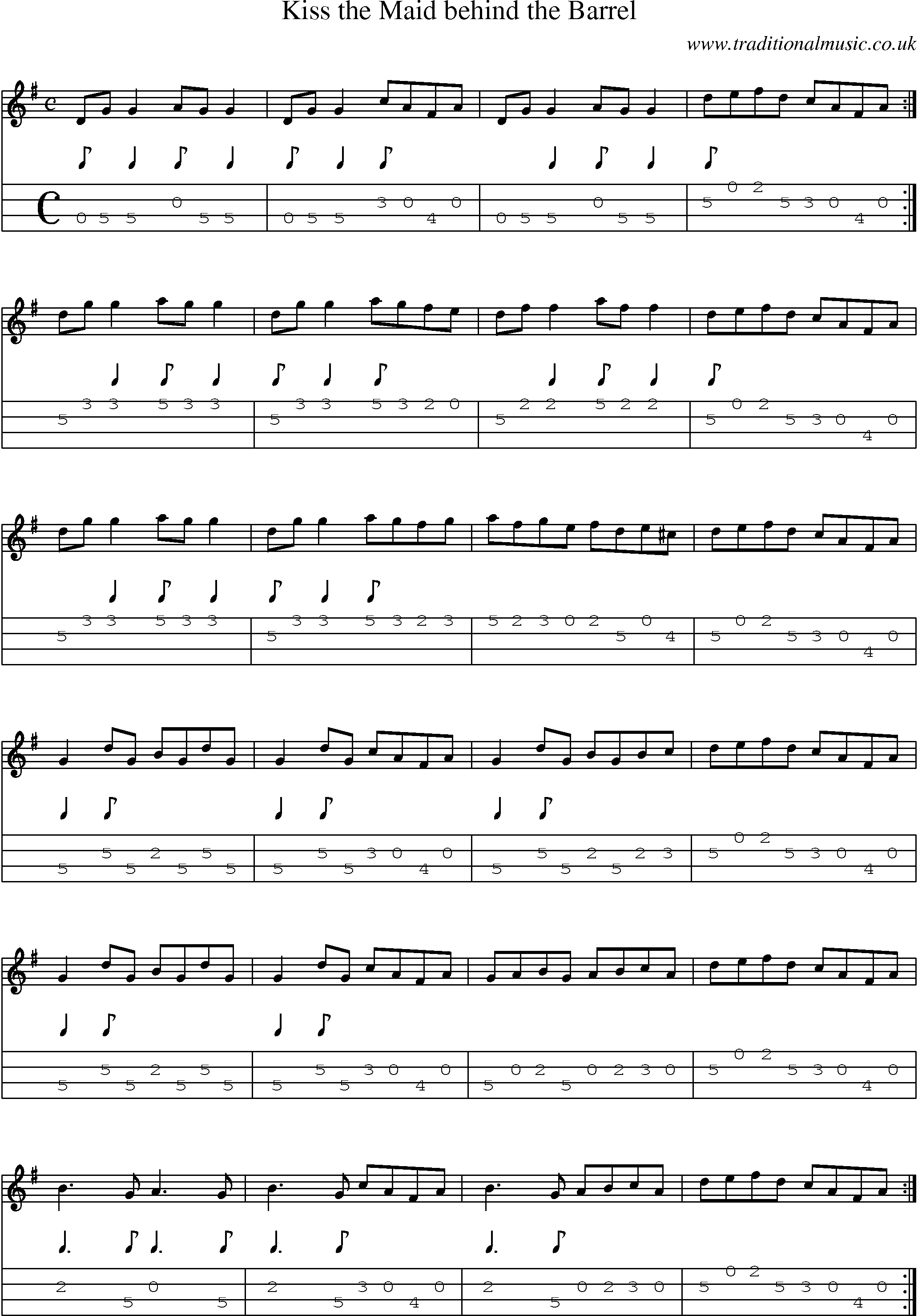 Music Score and Mandolin Tabs for Kiss Maid Behind Barrel
