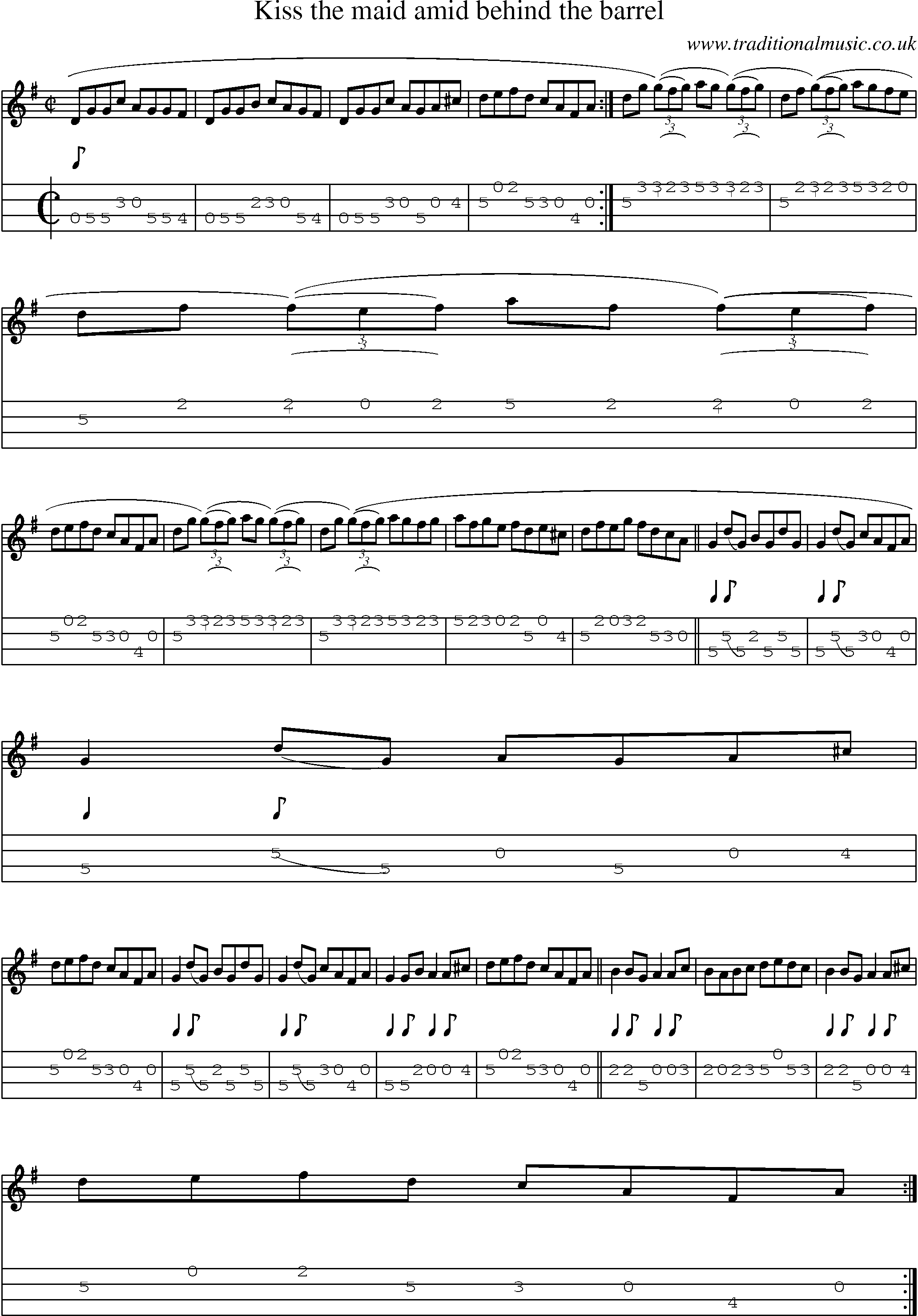 Music Score and Mandolin Tabs for Kiss The Maid Amid Behind The Barrel