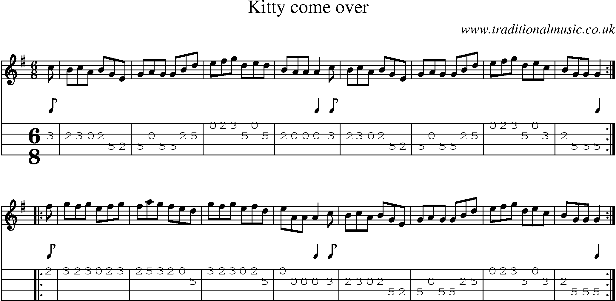 Music Score and Mandolin Tabs for Kitty Come Over