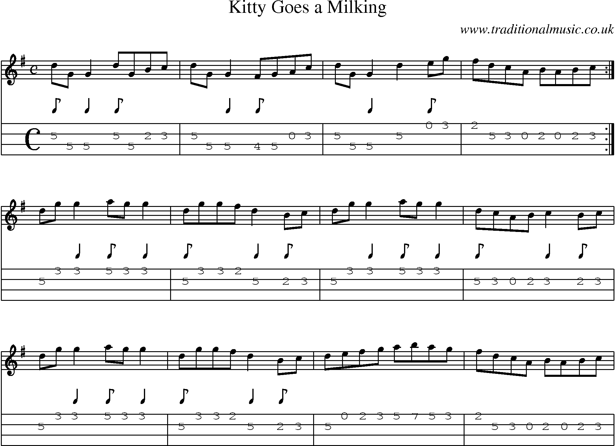 Music Score and Mandolin Tabs for Kitty Goes A Milking